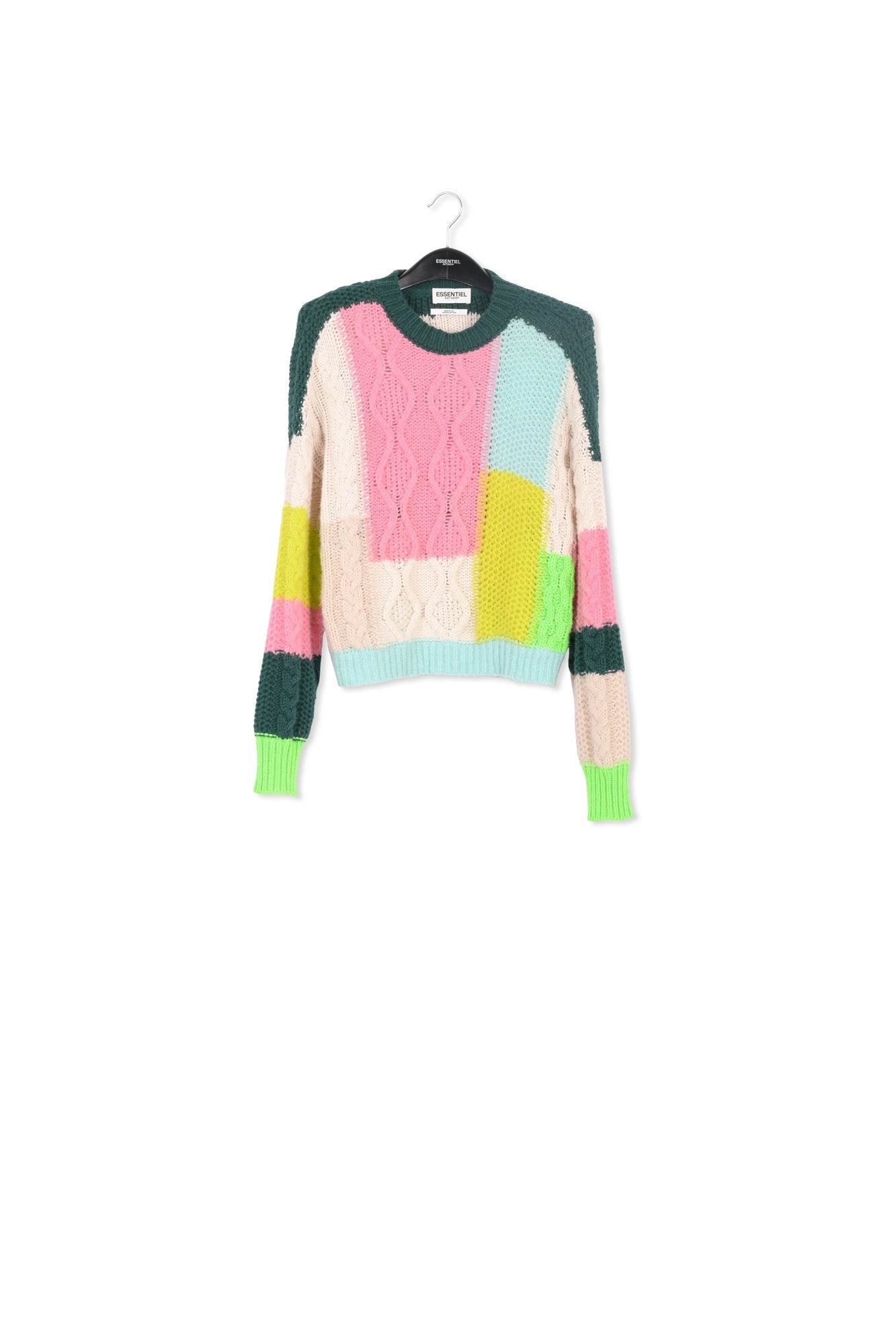 Ecru, limoengroene en roze patchwork trui in kabelsteek RE—SSENTIEL | Essentiel second hand