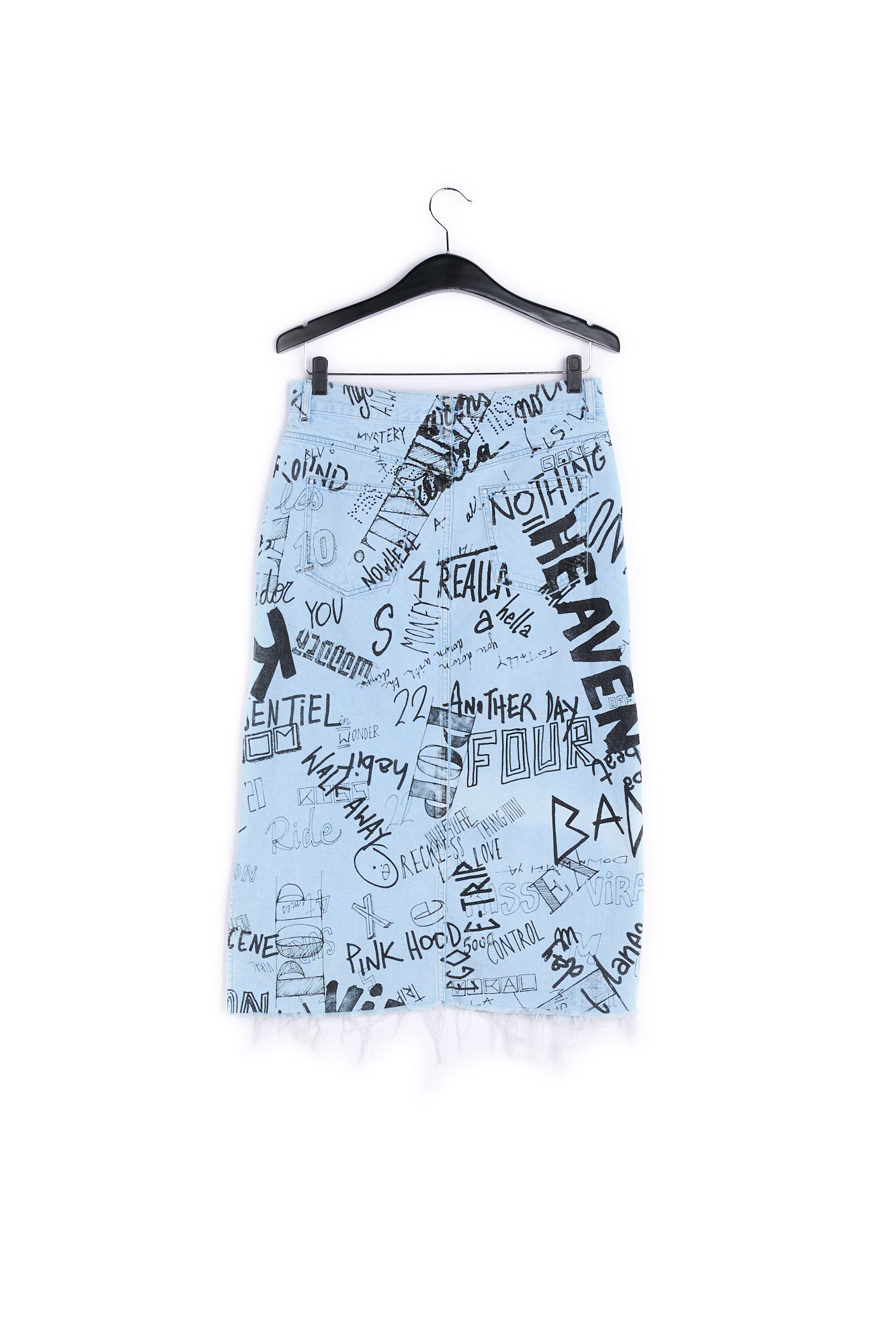 Light blue graffiti-print denim pencil skirt RE—SSENTIEL | Essentiel second hand