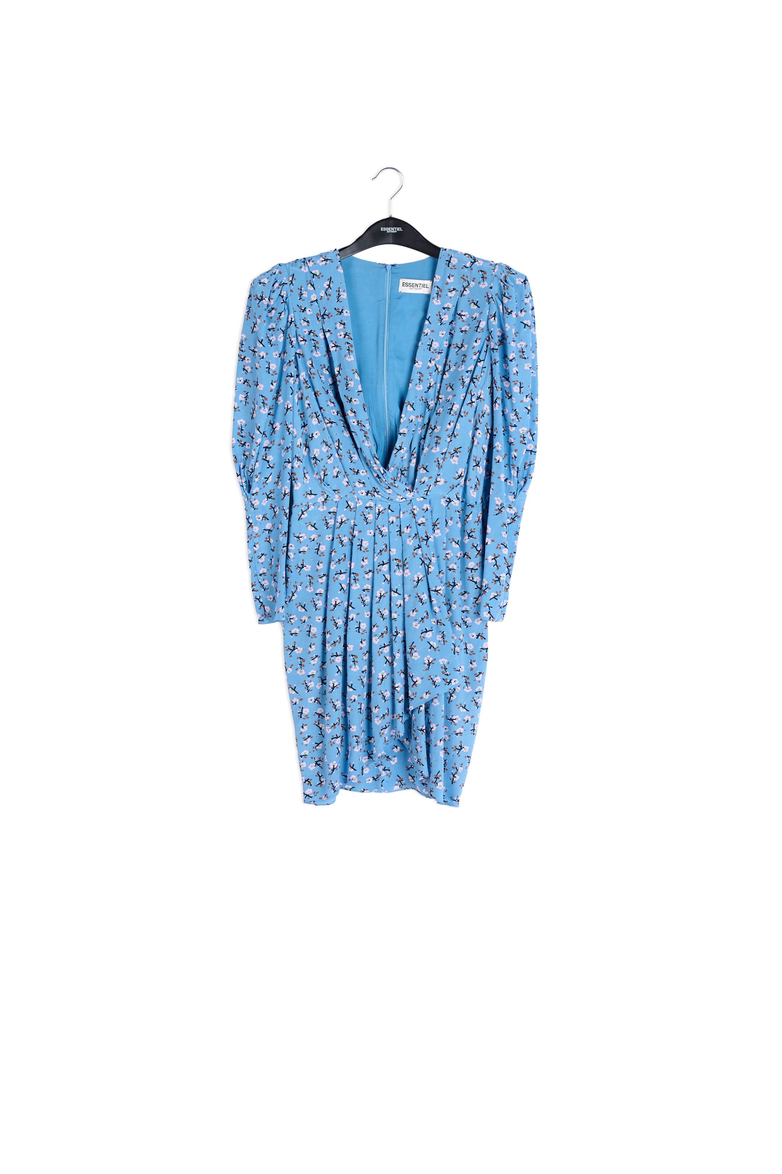 Blauwe mini-wikkeljurk met bloemenprint RE—SSENTIEL | Essentiel second hand