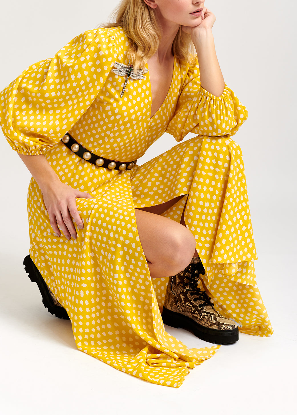 Yellow polka dot wrap maxi dress RE—SSENTIEL | Essentiel second hand
