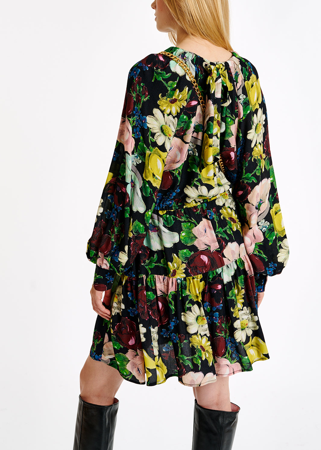 Black, white and yellow floral print mini dress RE—SSENTIEL | Essentiel second hand