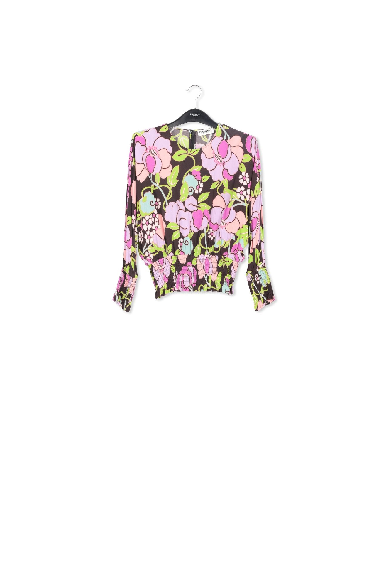 Zwarte gesmokte top met bloemenprint RE—SSENTIEL | Essentiel second hand