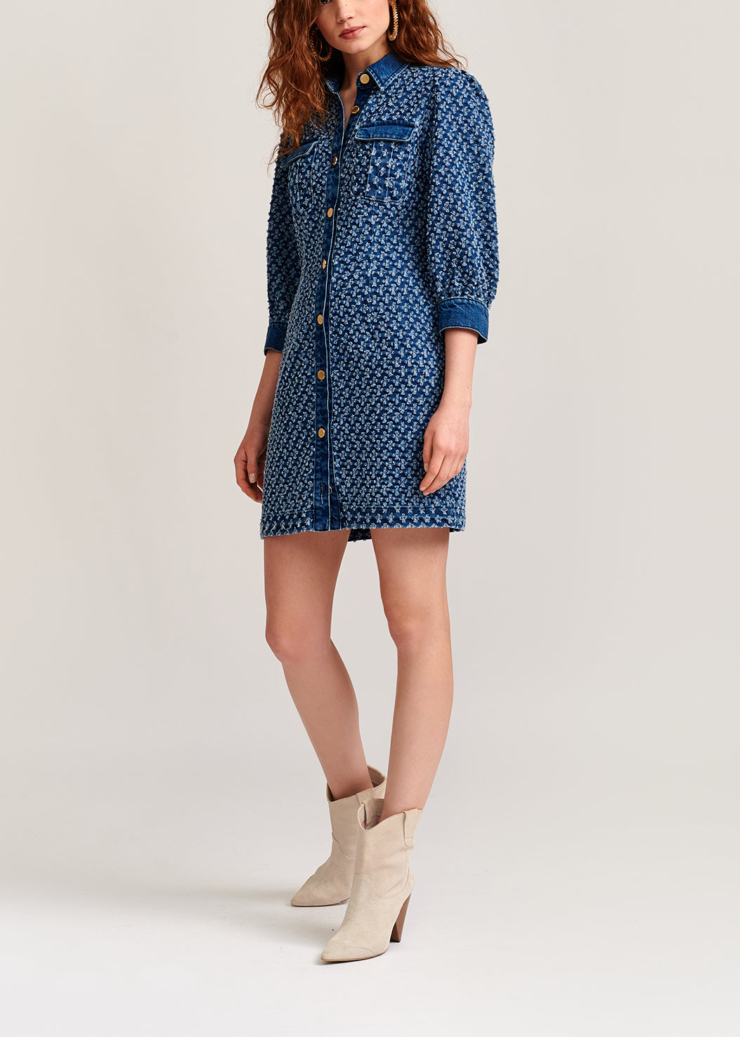 Dark blue perforated denim puffed sleeves mini dress RE—SSENTIEL | Essentiel second hand
