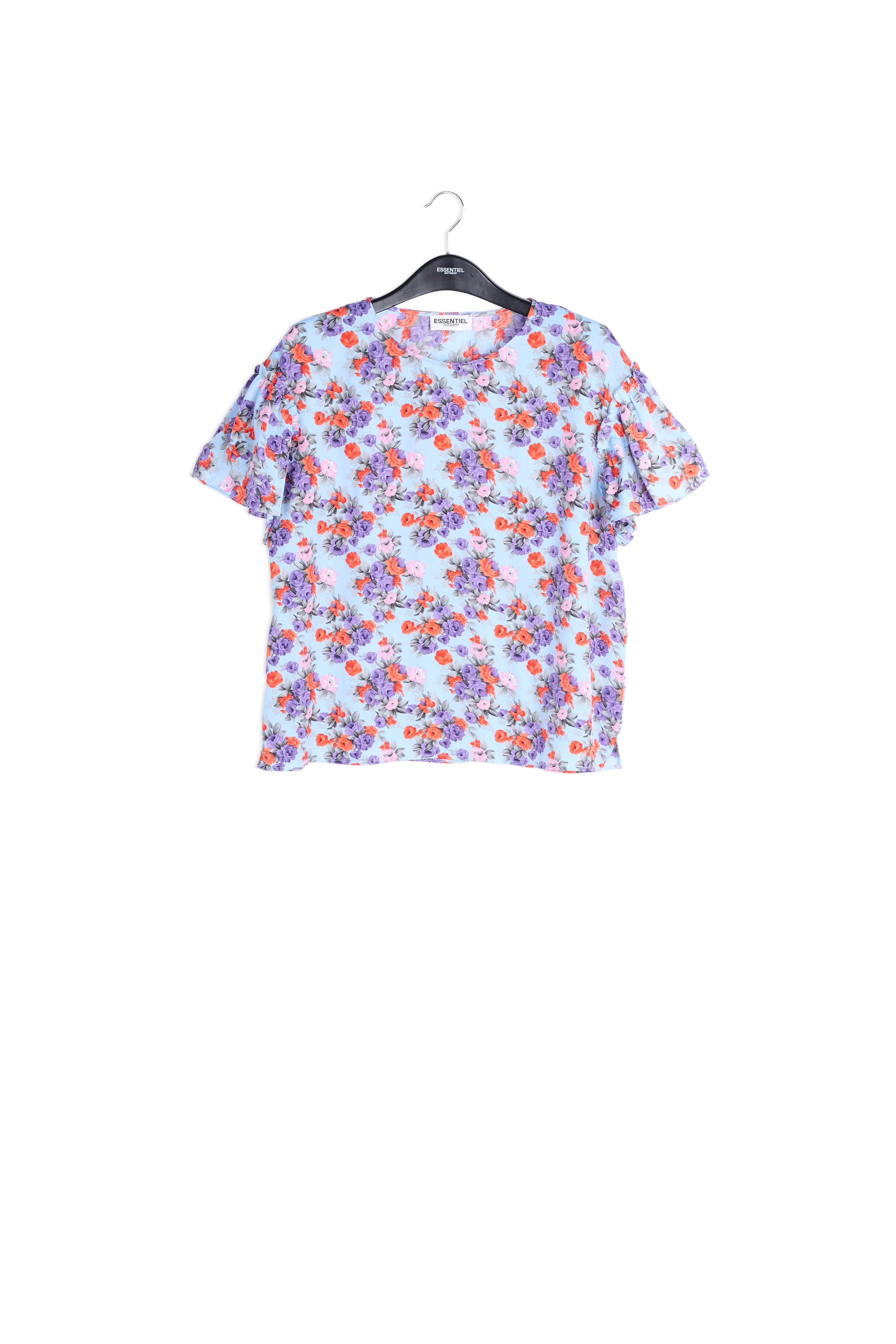 Lichtblauwe bloementop met ruchemouwen RE—SSENTIEL | Essentiel second hand
