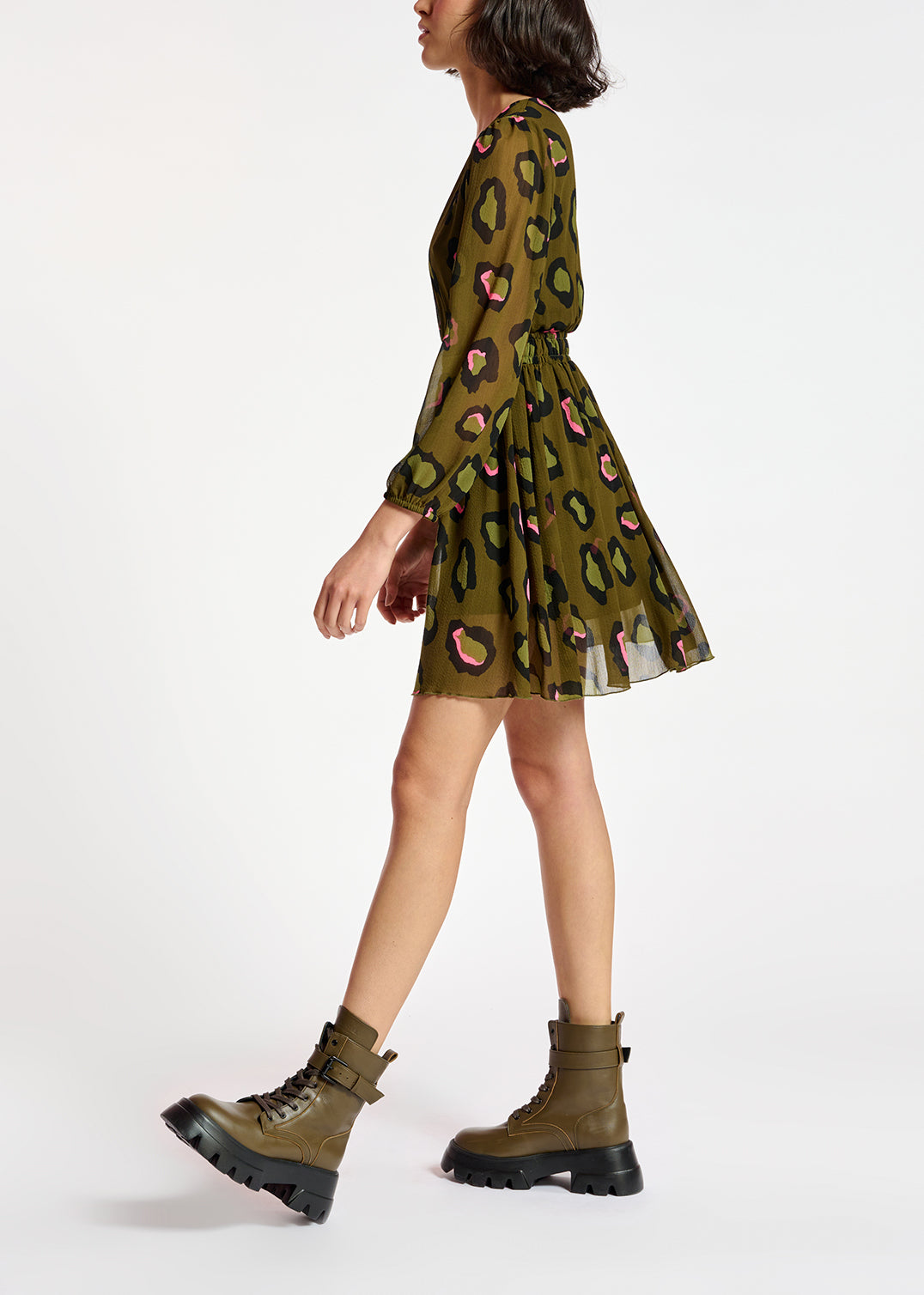 Kaki mini-jurk met luipaardprint RE—SSENTIEL | Essentiel second hand