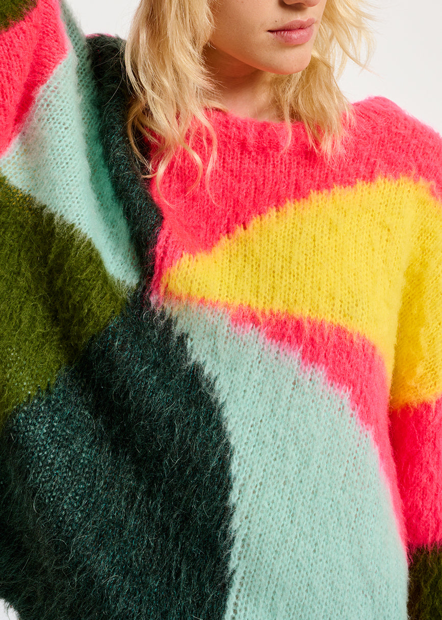 Pull en tricot intarsia vert foncé, bleu et rouge RE—SSENTIEL | Essentiel second hand