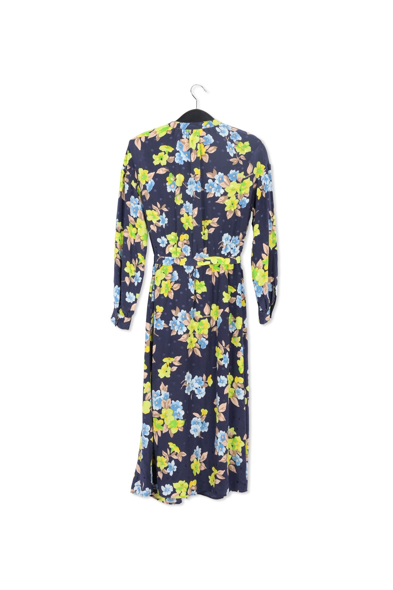 Donkerblauwe zijden hemdjurk met bloemen en stippen RE—SSENTIEL | Essentiel second hand