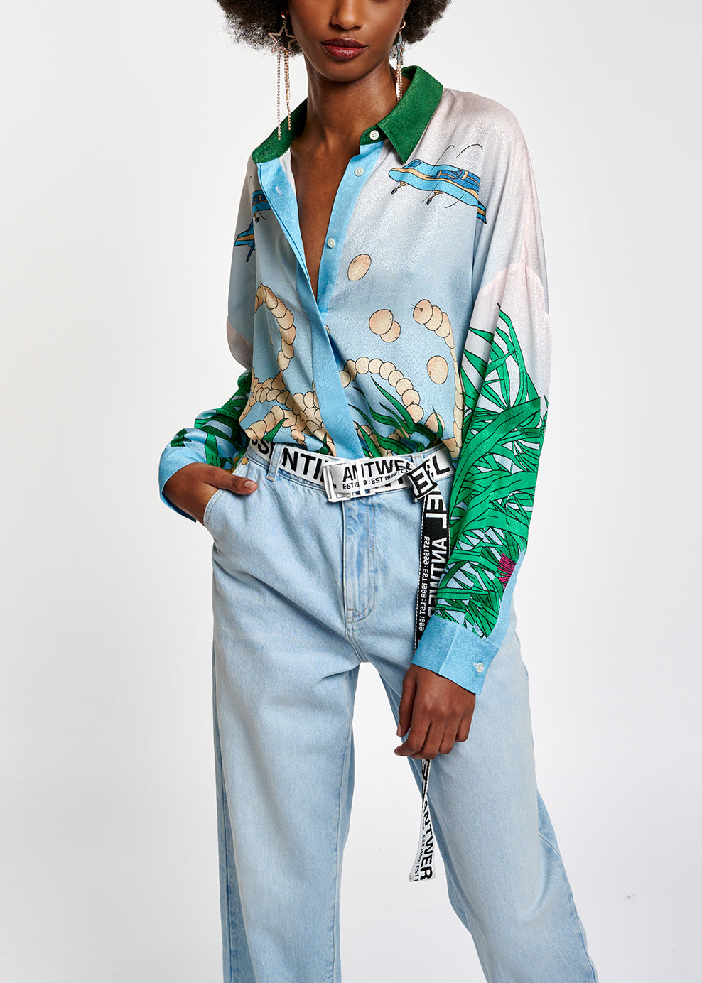 Light blue tropical print viscose-jacquard shirt RE—SSENTIEL | Essentiel second hand