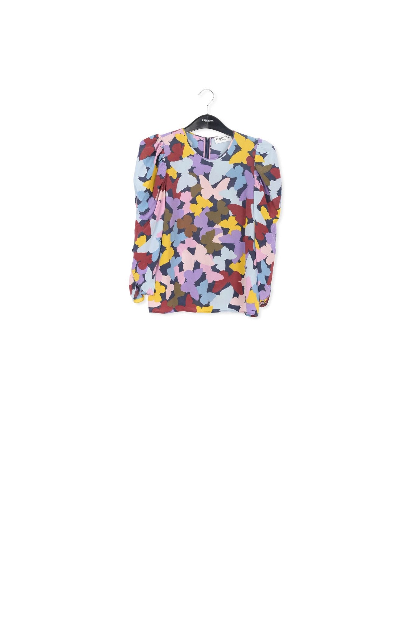 Donkerblauwe zijden top met vlinders RE—SSENTIEL | Essentiel second hand