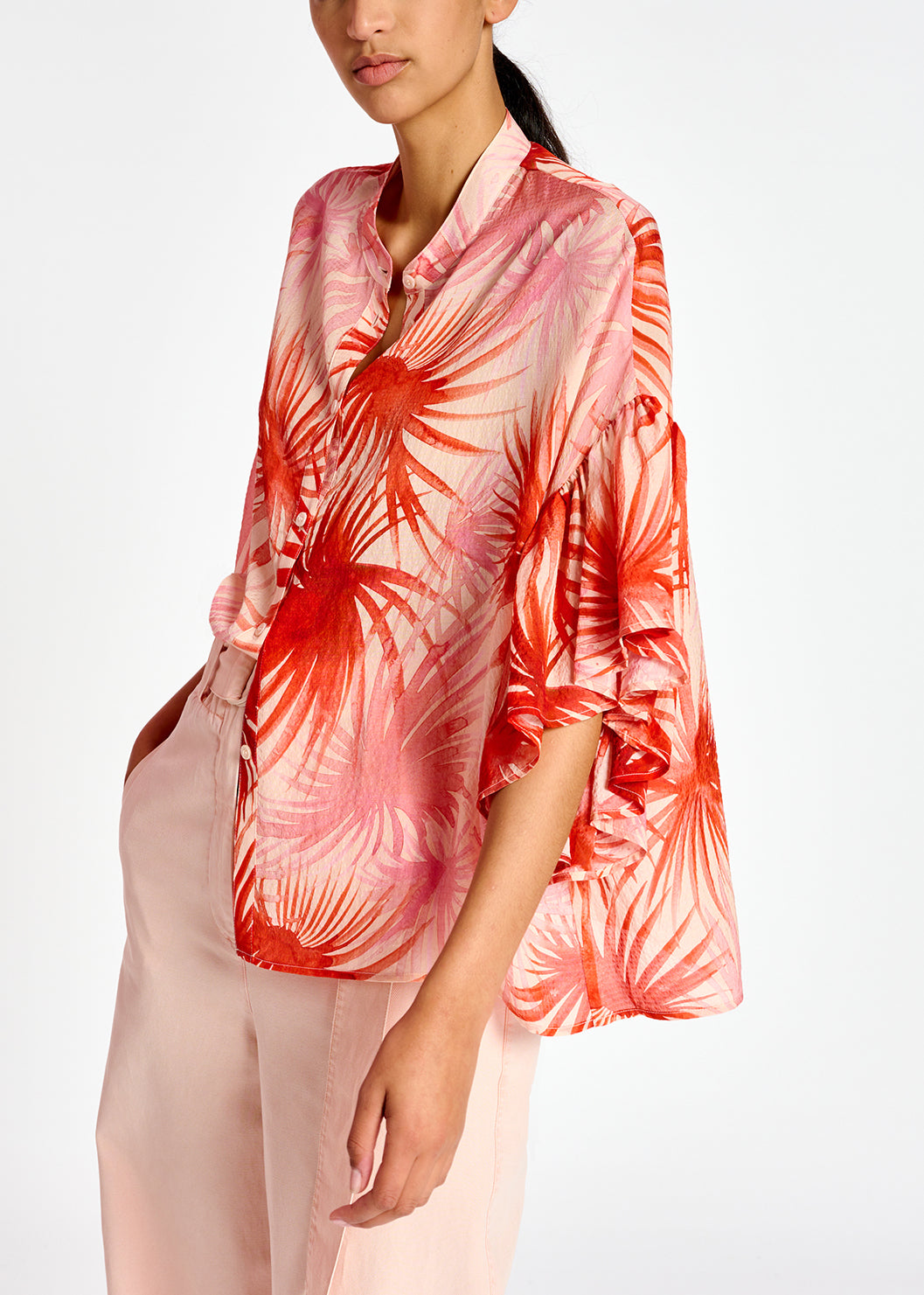 Top à  volants orange imprimé de feuilles de palmier RE—SSENTIEL | Essentiel second hand