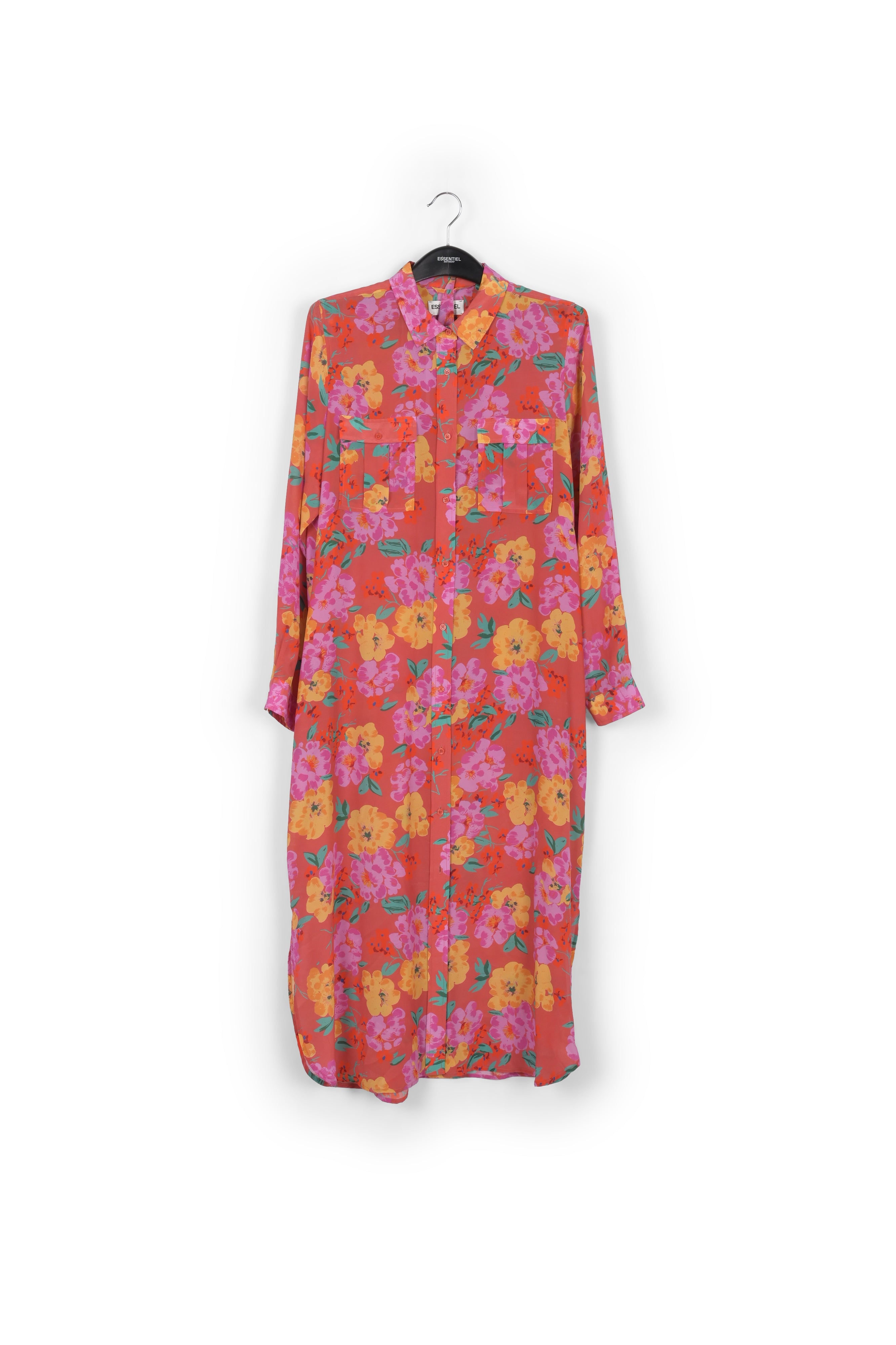 Coral floral-print silk shirt dress RE—SSENTIEL | Essentiel second hand
