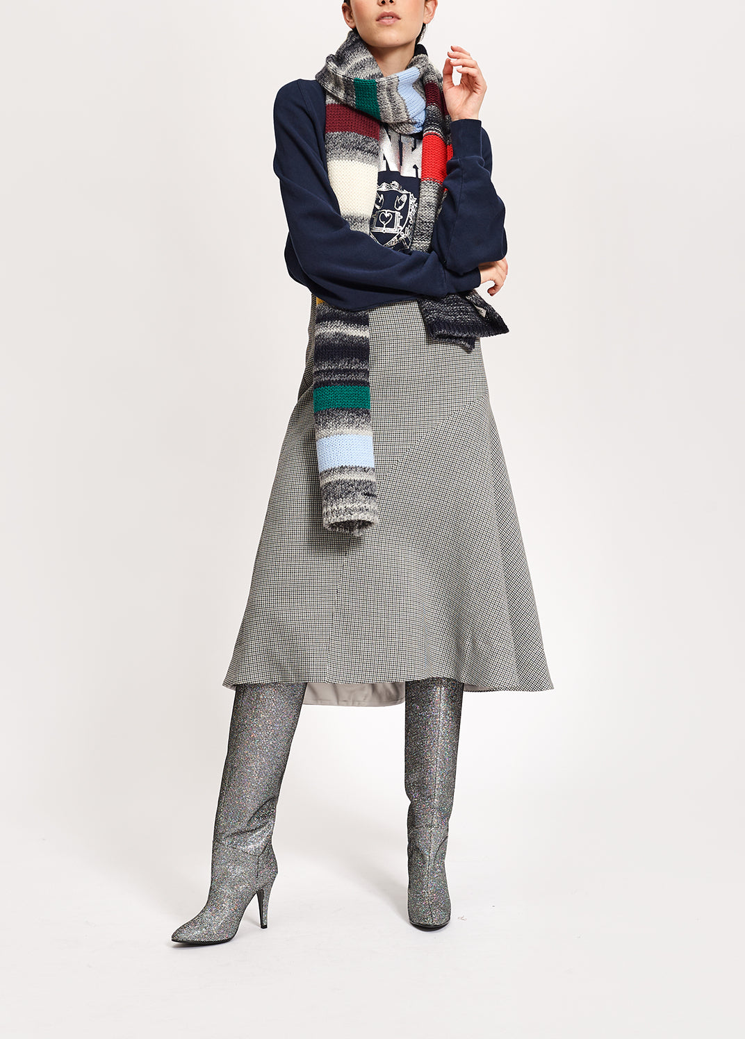 Jupe midi grise au motif pied-de-poule RE—SSENTIEL | Essentiel second hand