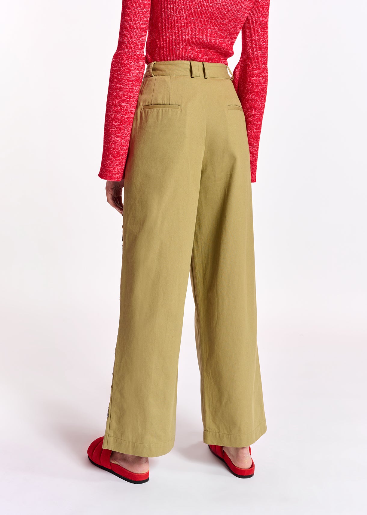 Khaki cotton wide-leg pants with bead embroidery RE—SSENTIEL | Essentiel second hand
