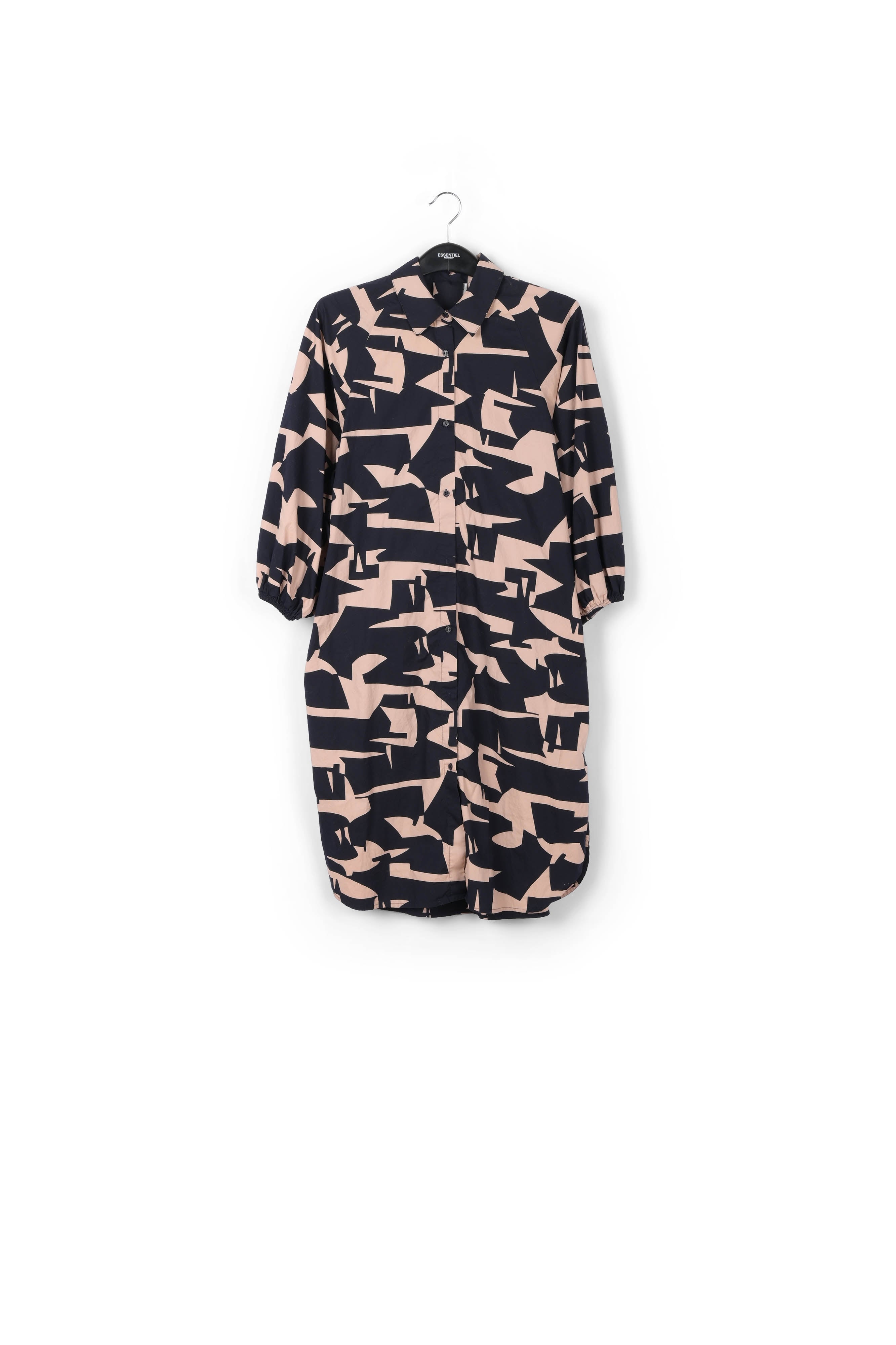 Dark blue and beige abstract print shirt dress RE—SSENTIEL | Essentiel second hand