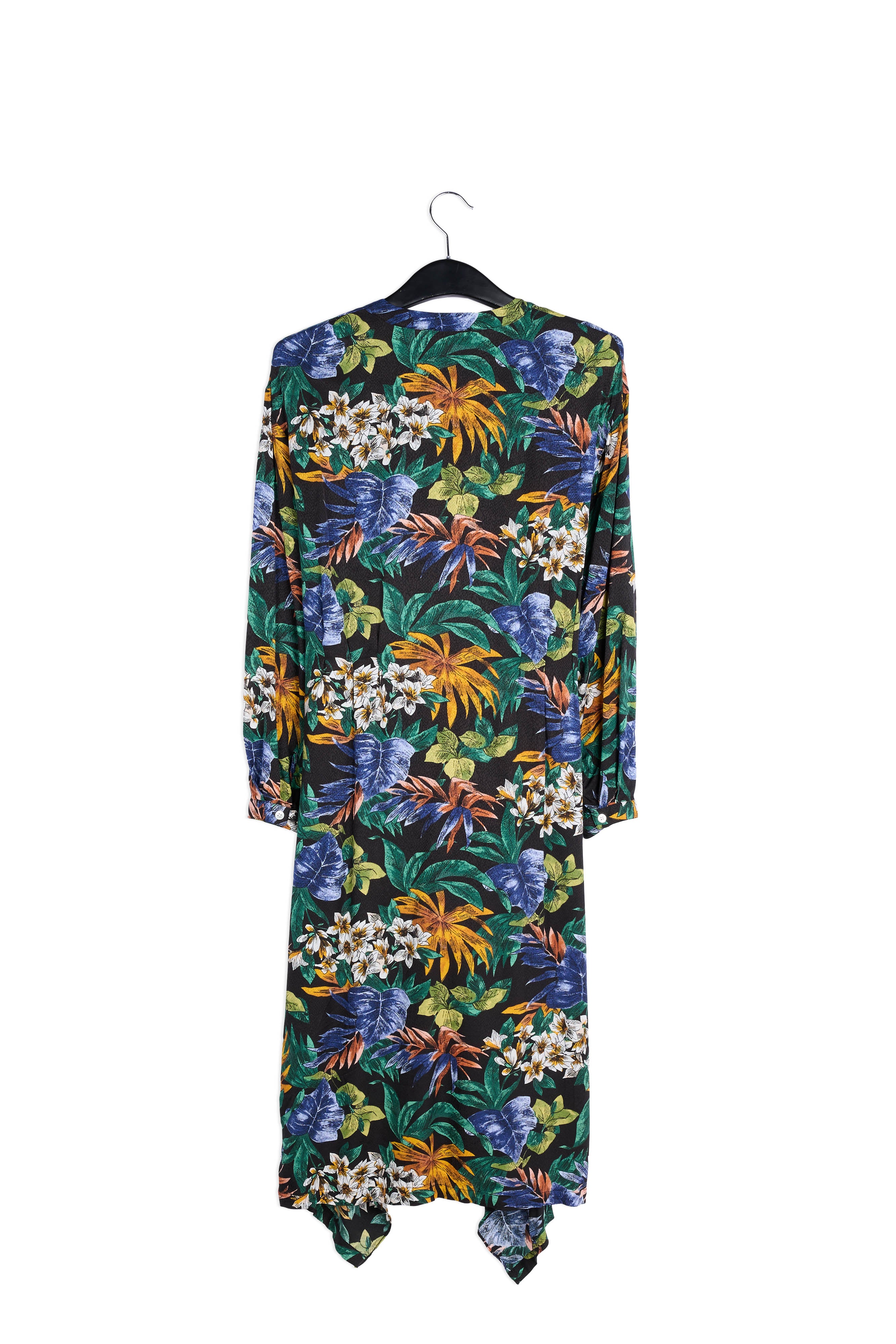 Groene, blauwe en oranje midi-jurk met bloemen RE—SSENTIEL | Essentiel second hand