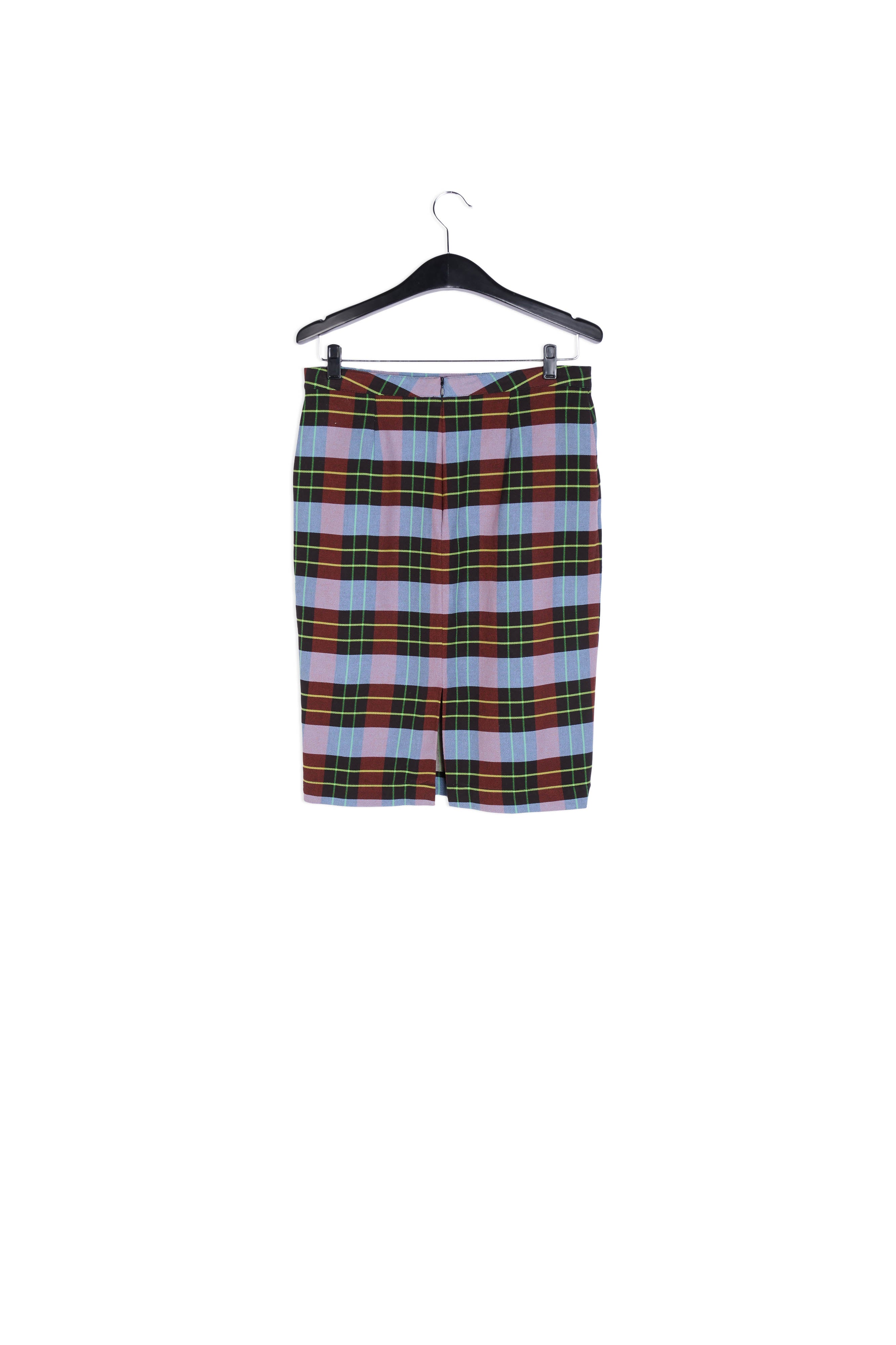 Jupe midi plissée au motif tartan bleu pâle, bordeaux et noir RE—SSENTIEL | Essentiel second hand