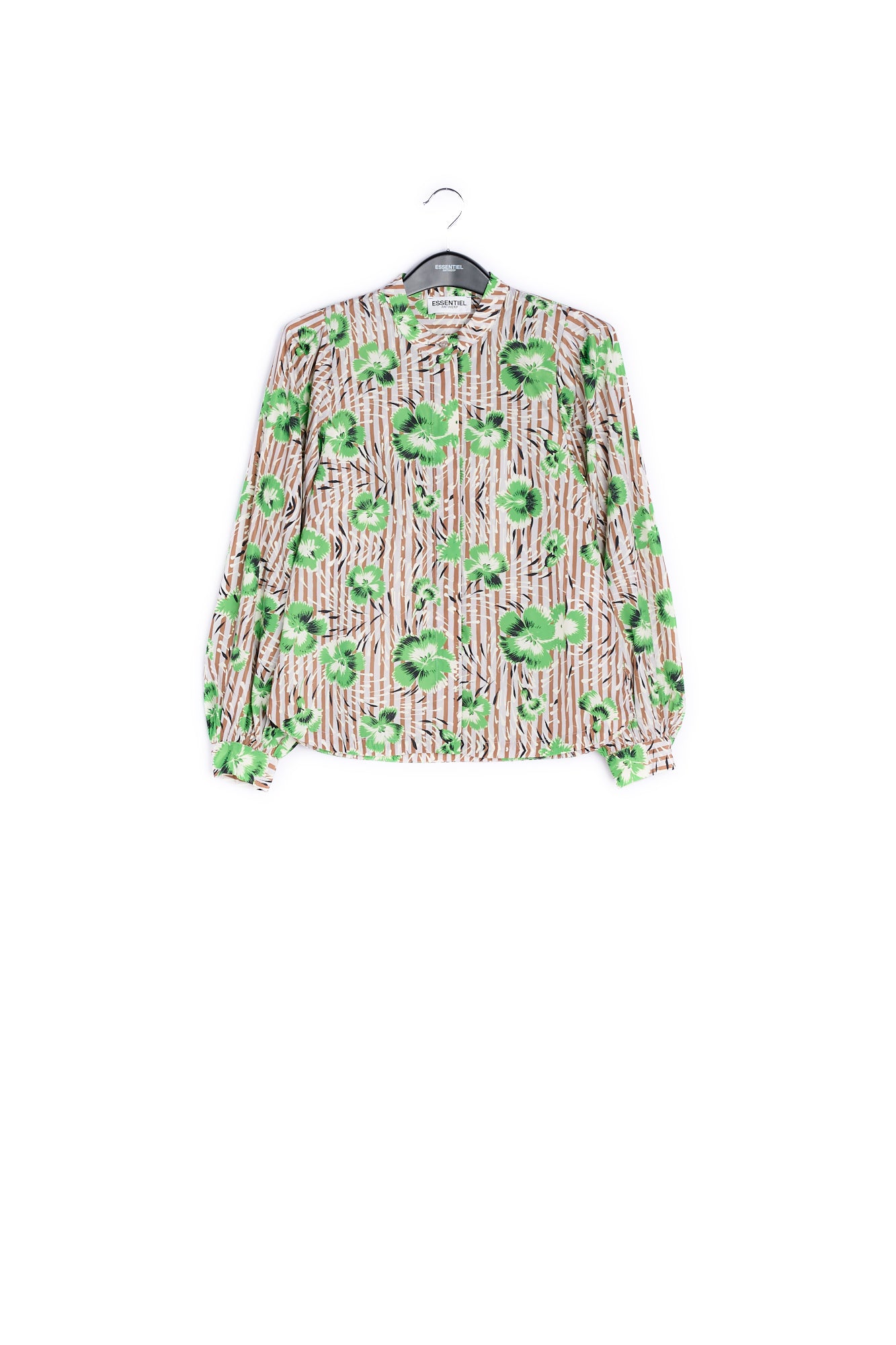 Stripe and green floral print puffed-sleeve top RE—SSENTIEL | Essentiel second hand