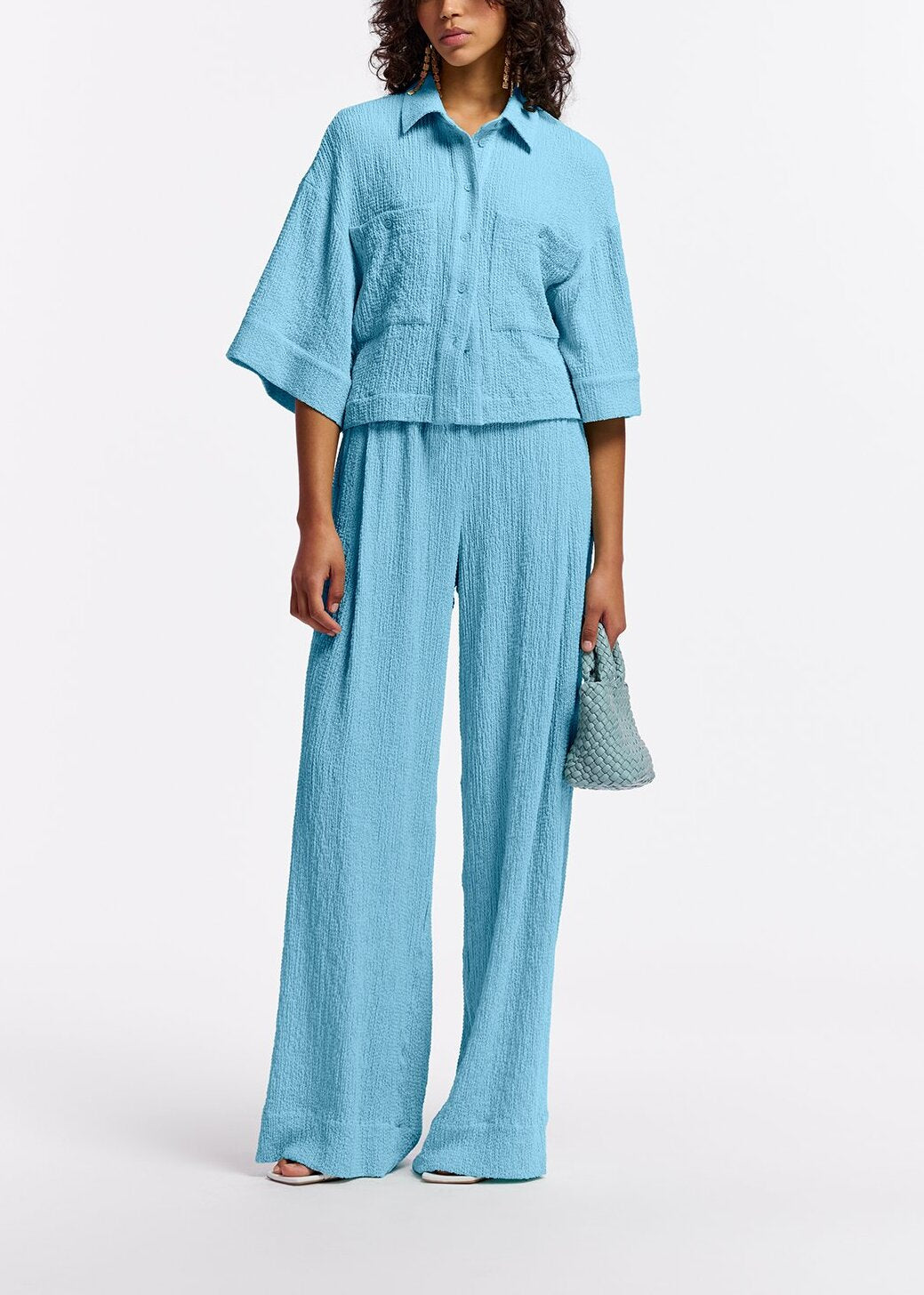 Light blue wide-leg seersucker pants RE—SSENTIEL | Essentiel second hand