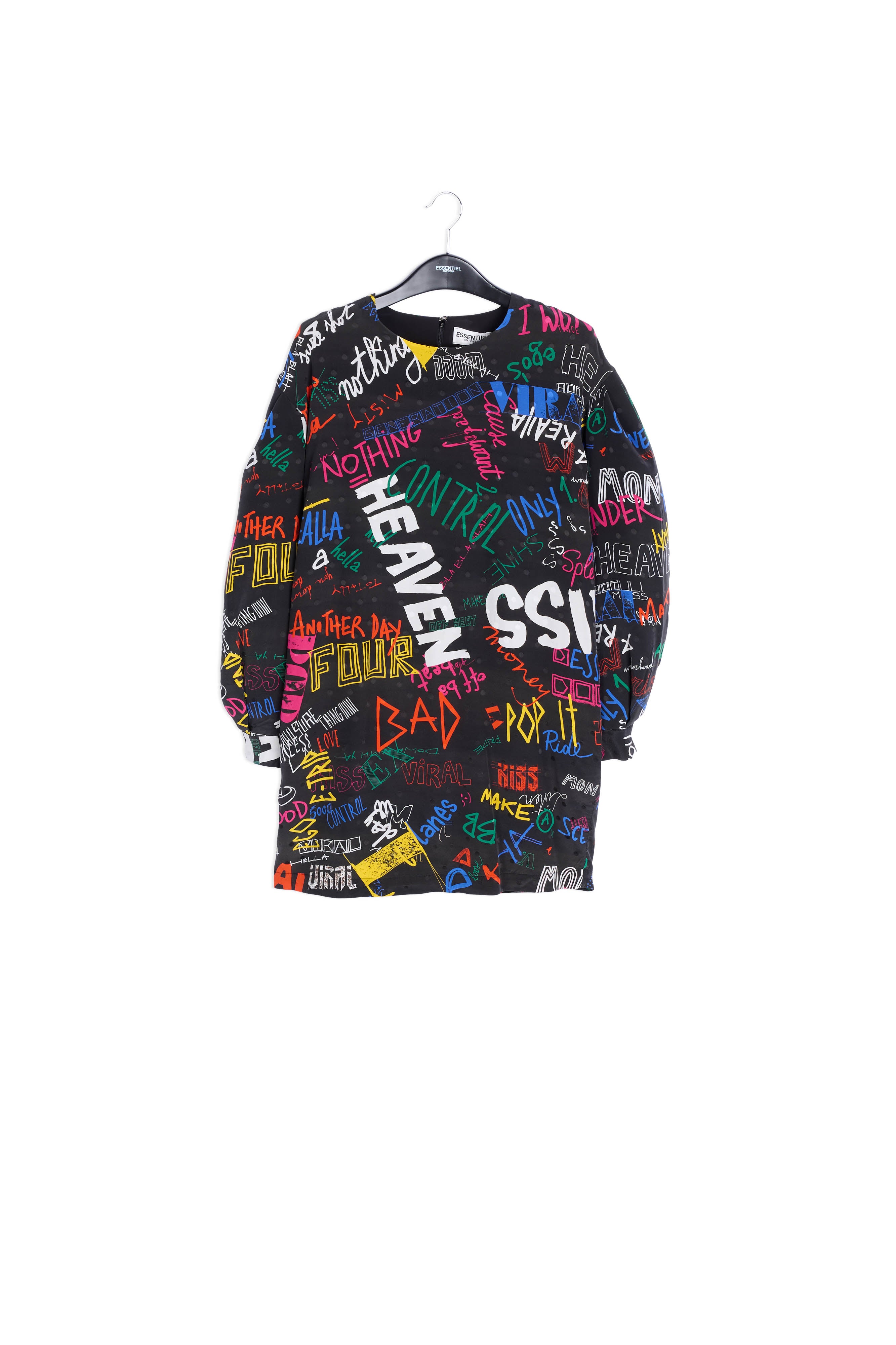 Black jacquard-silk minidress with text print RE—SSENTIEL | Essentiel second hand