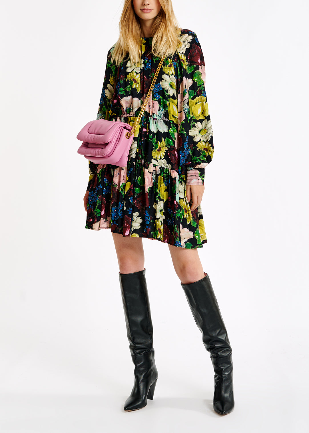 Black, white and yellow floral print mini dress RE—SSENTIEL | Essentiel second hand