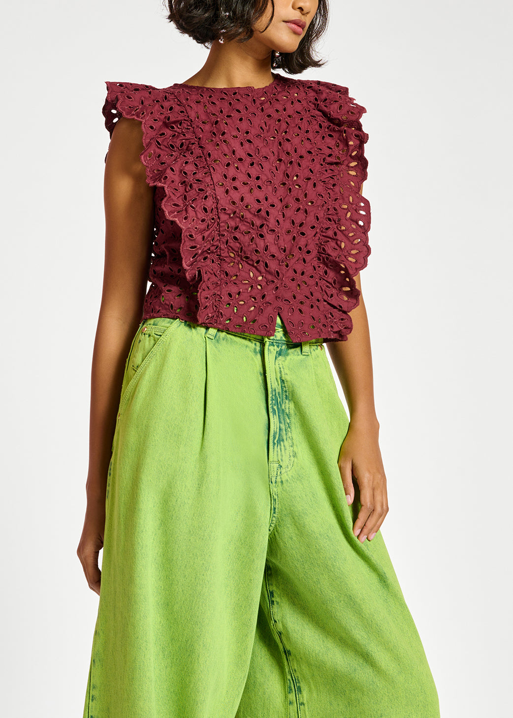 Burgundy broderie anglaise cotton top RE—SSENTIEL | Essentiel second hand