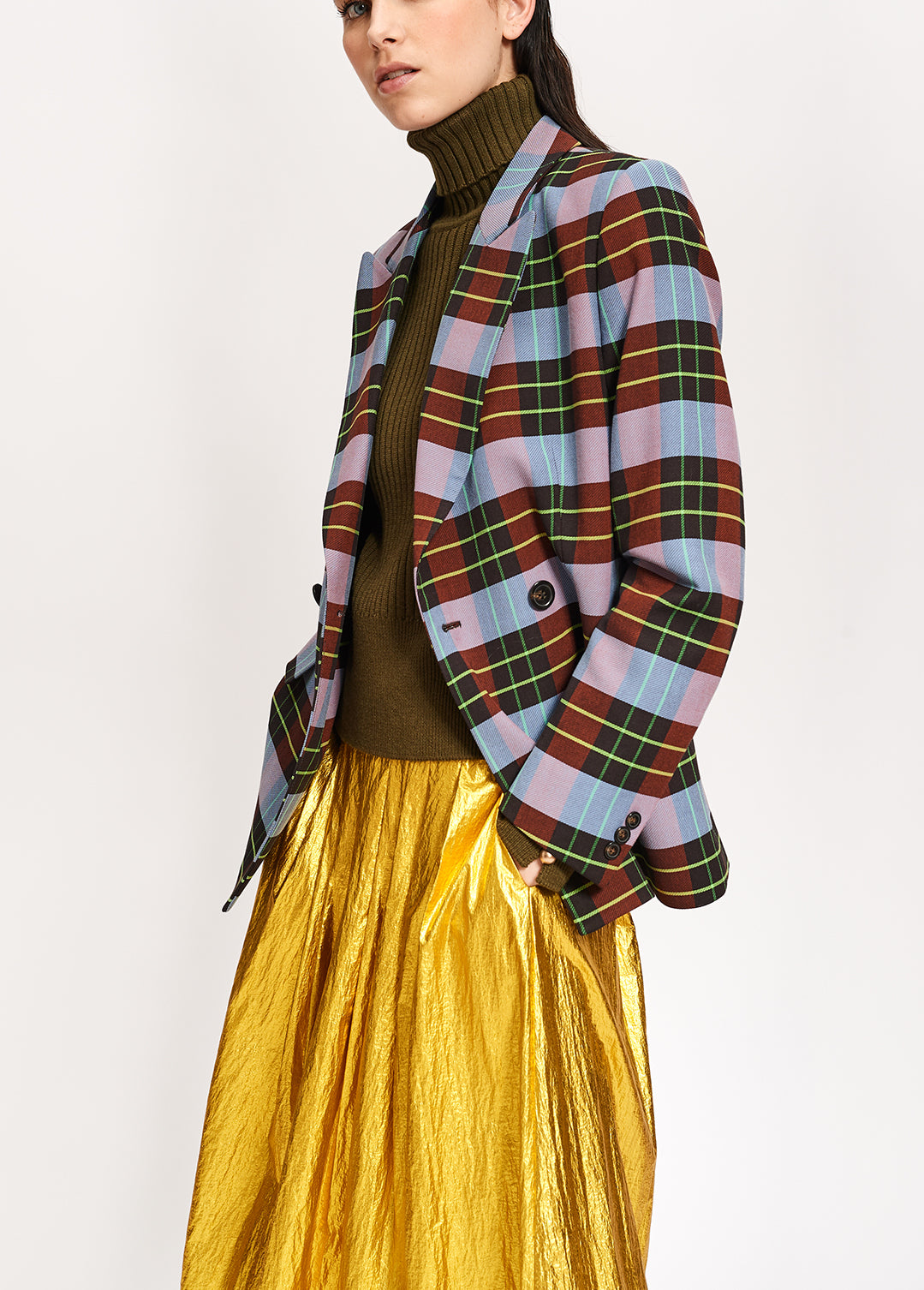 Veste croisée au motif tartan bleu pâle, bordeaux et noir RE—SSENTIEL | Essentiel second hand