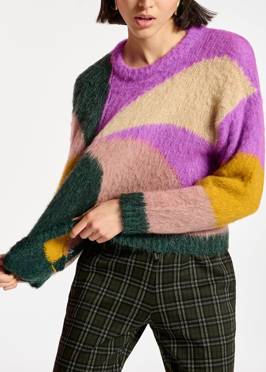 Pull en tricot intarsia pourpre, vert foncé et rose vintage RE—SSENTIEL | Essentiel second hand