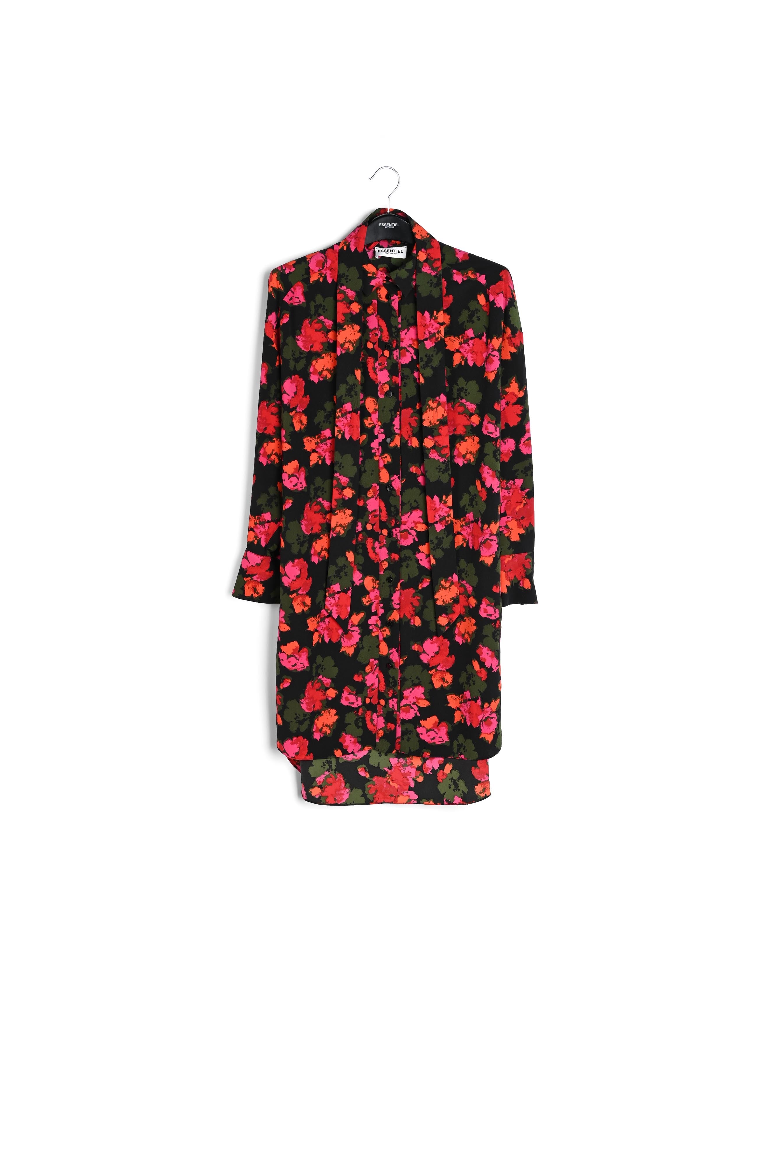 Midi-hemdjurk met zwart en rode bloemenprint RE—SSENTIEL | Essentiel second hand