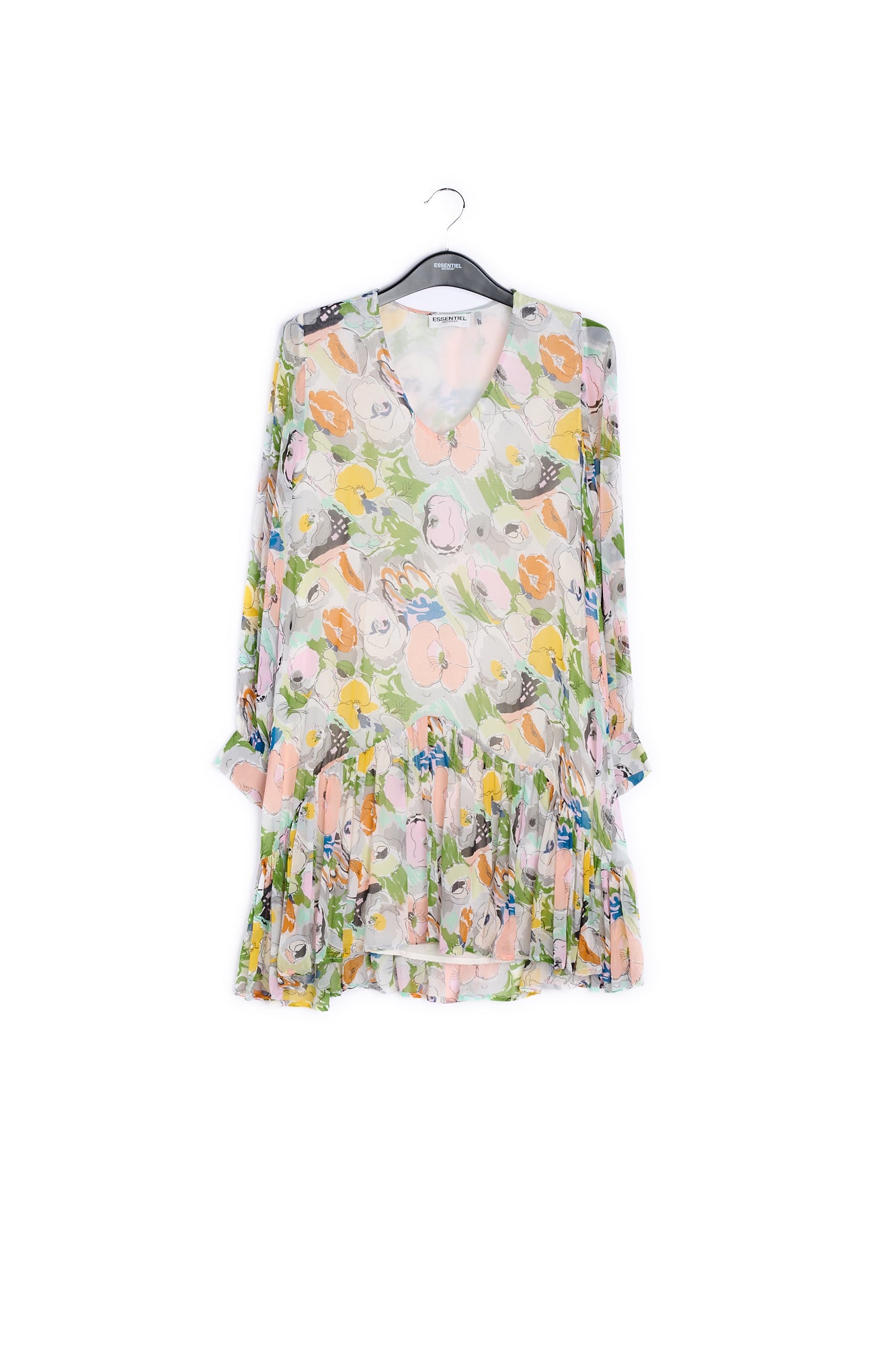 Grijze, perzikkleurige en gele mini-jurk met bloemenprint RE—SSENTIEL | Essentiel second hand