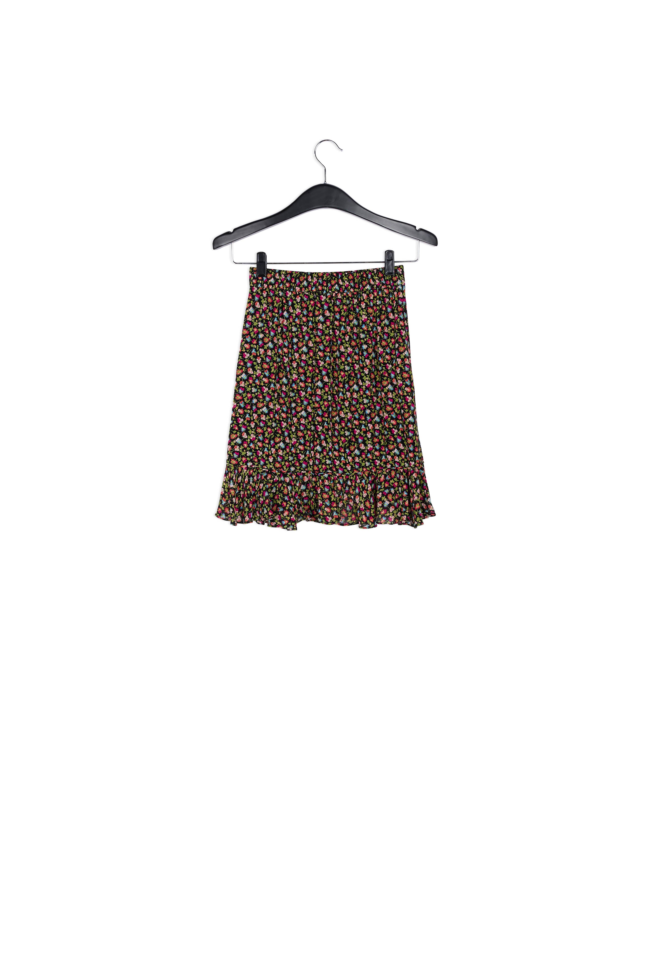 Mini-wikkelrok met zwarte, lichtgroene en fuchsia bloemenprint RE—SSENTIEL | Essentiel second hand