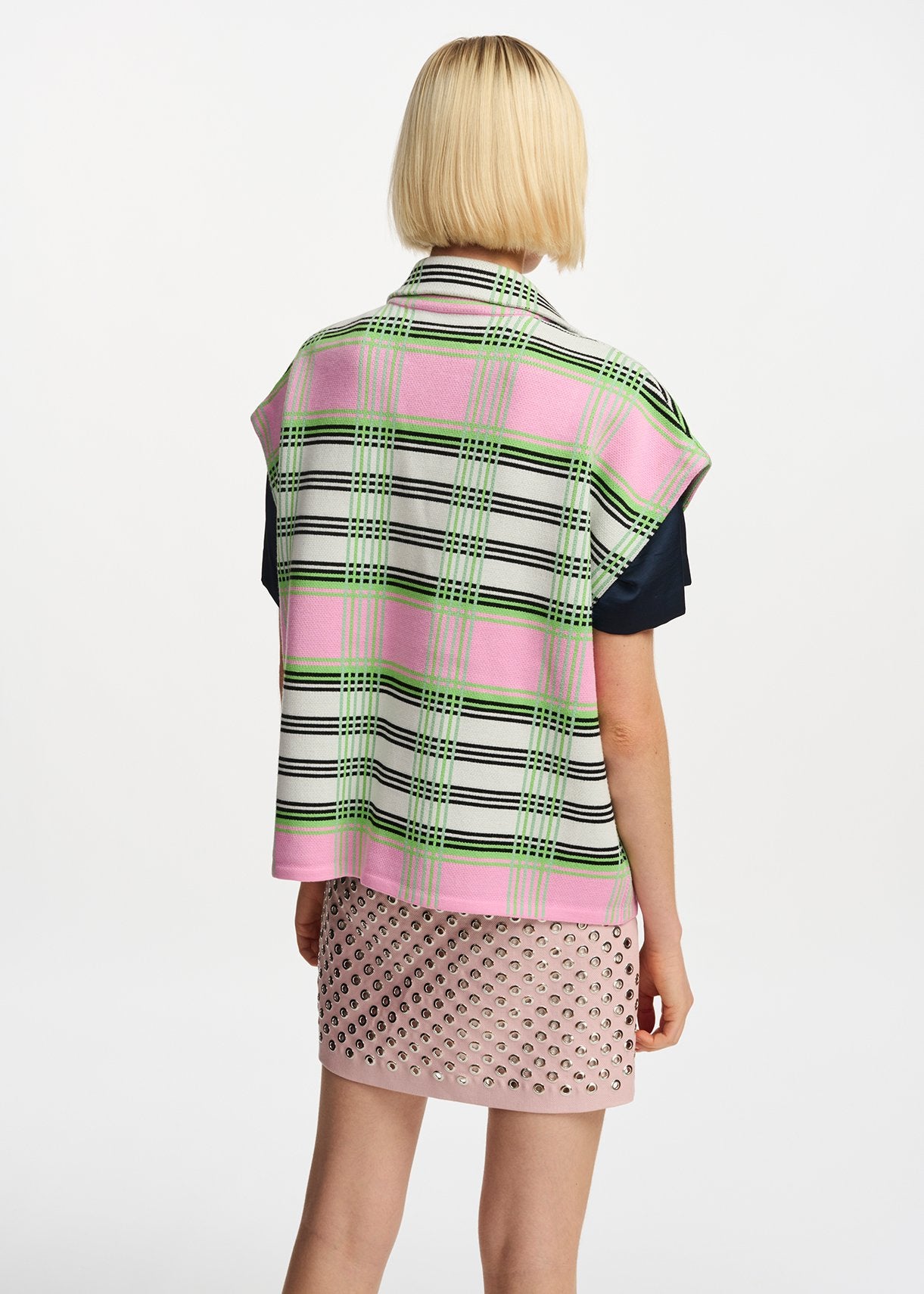 Off-white, pink and green checked sleeveless cardigan RE—SSENTIEL | Essentiel second hand