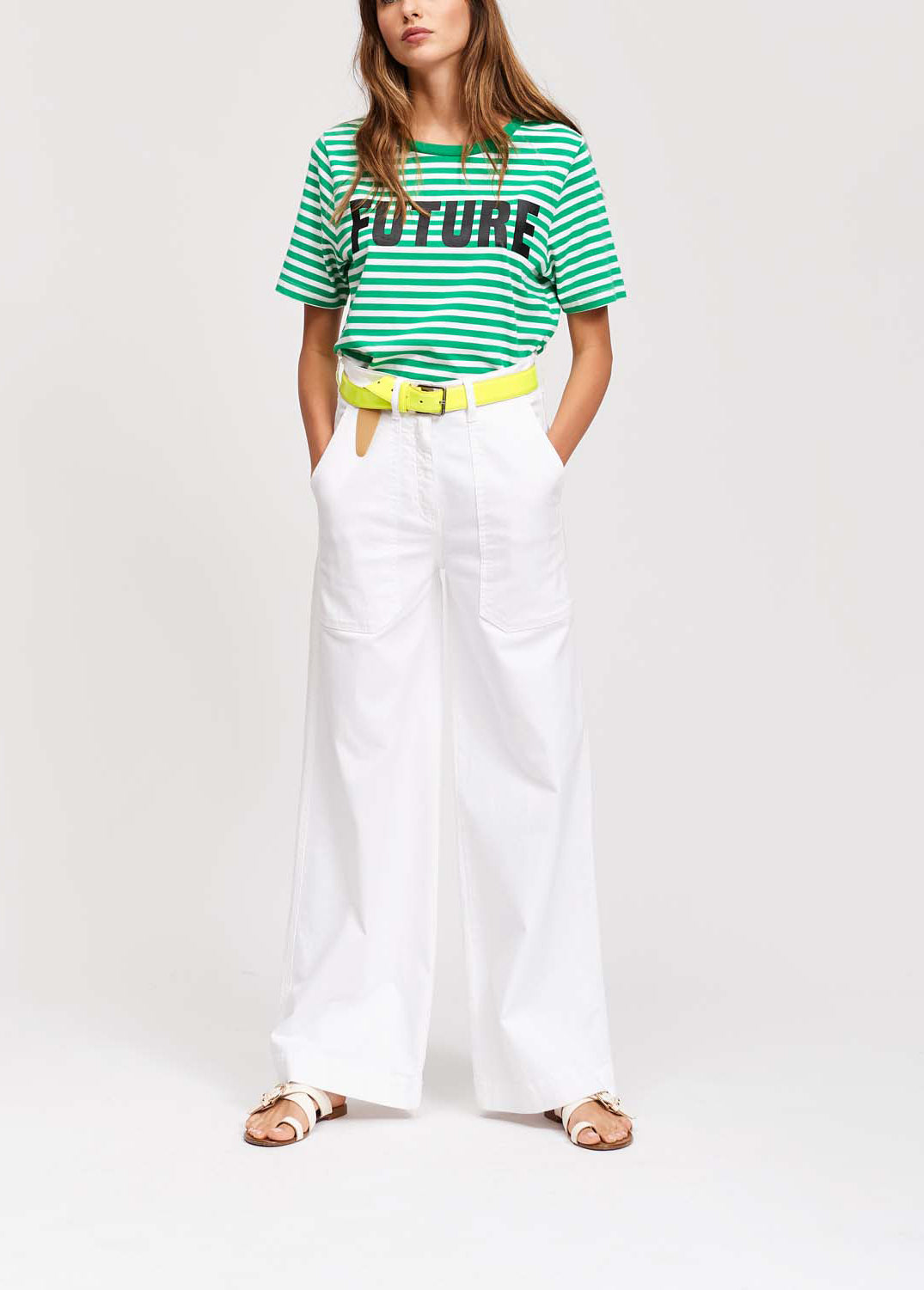 Green and white striped t-shirt with future print RE—SSENTIEL | Essentiel second hand