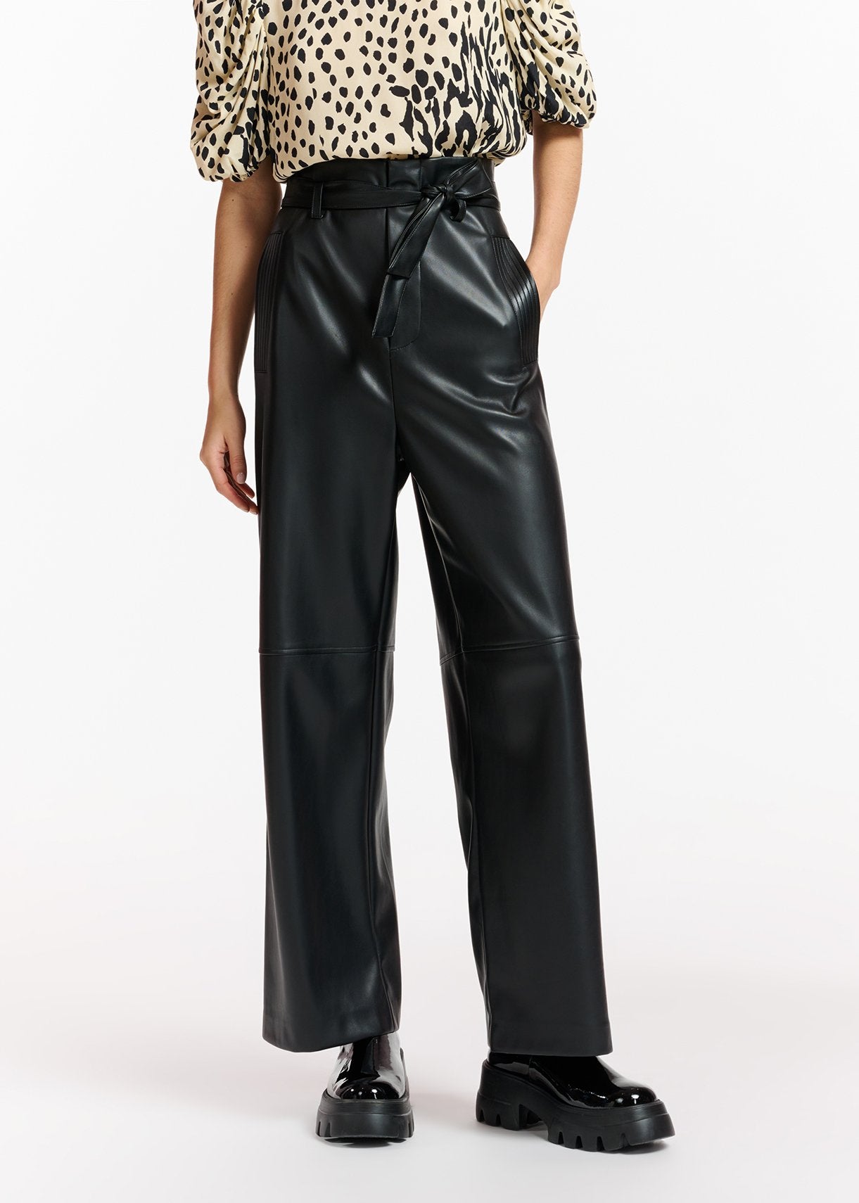 Black faux leather belted pants RE—SSENTIEL | Essentiel second hand