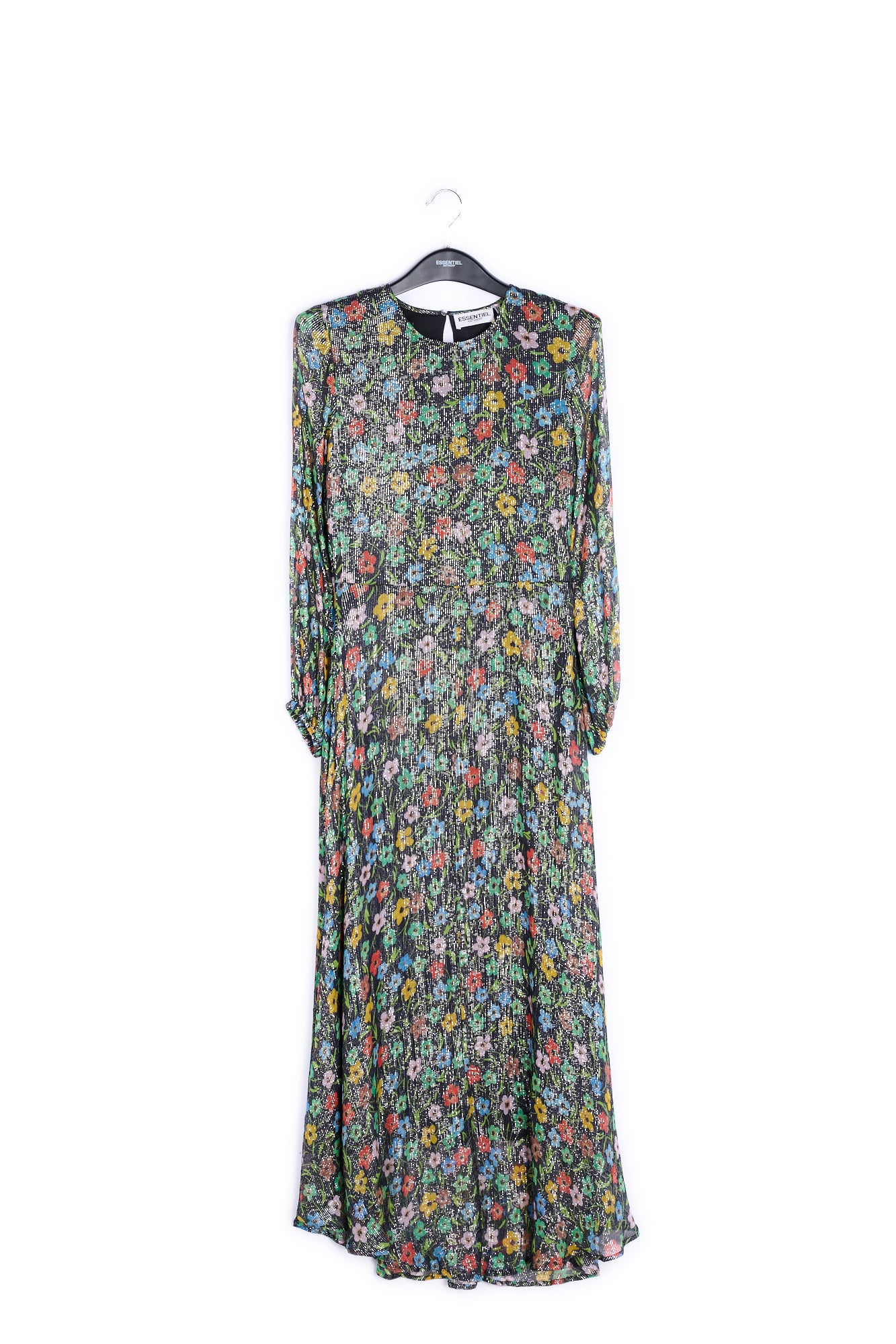 Black floral print midi dress with shiny thread RE—SSENTIEL | Essentiel second hand