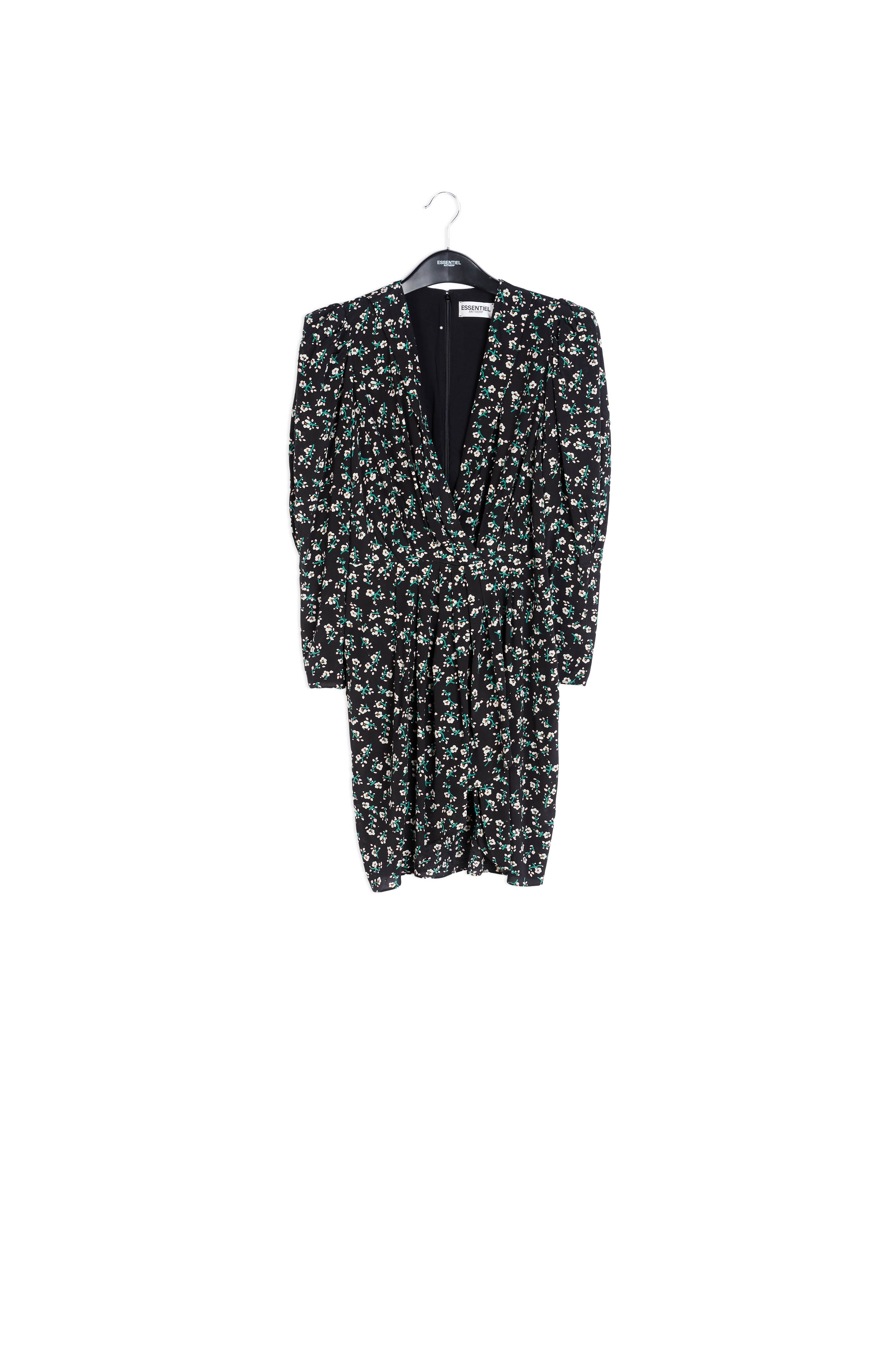 Zwarte miniwikkeljurk met bloemen RE—SSENTIEL | Essentiel second hand