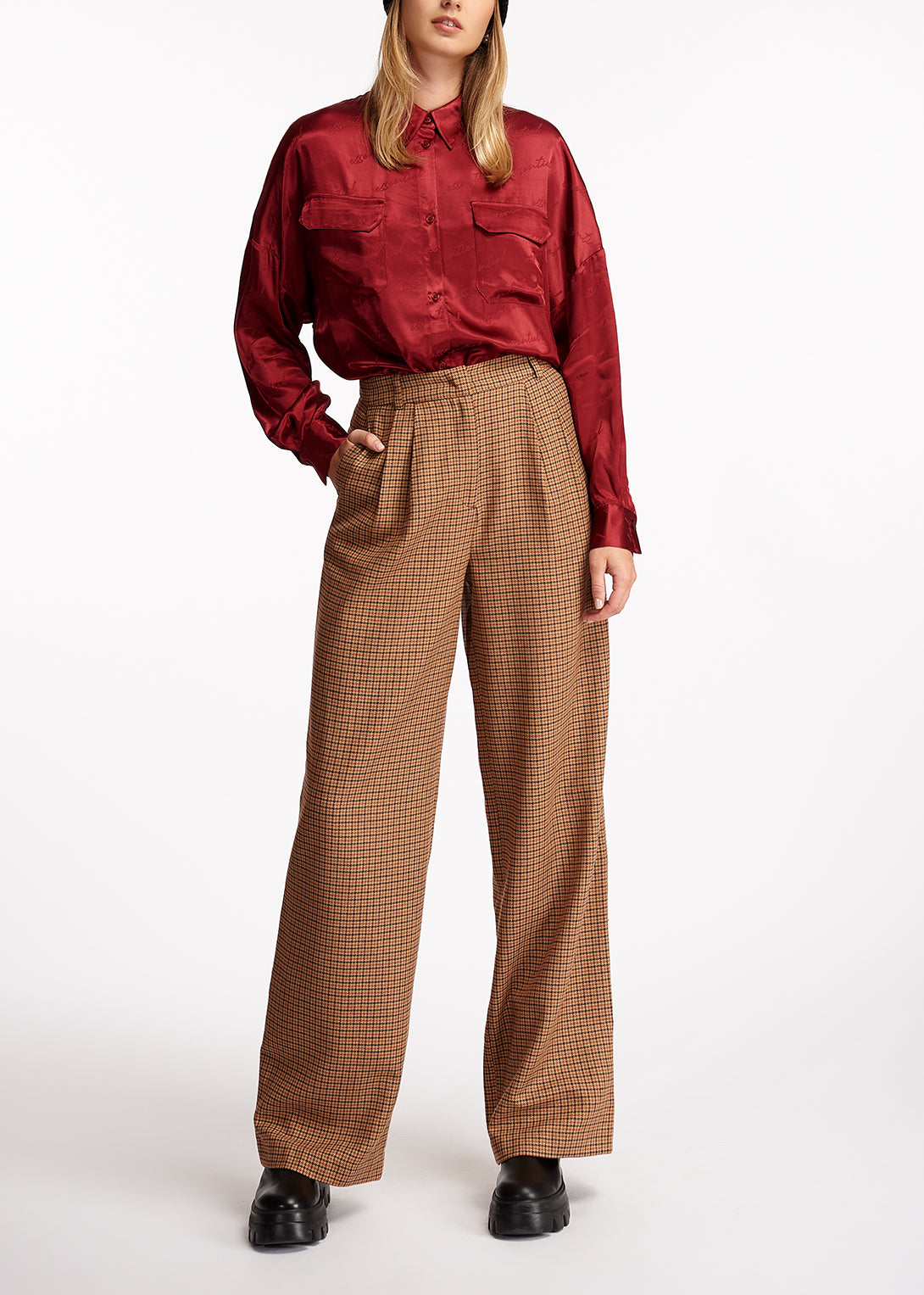 Brown checked wide-leg pants RE—SSENTIEL | Essentiel second hand
