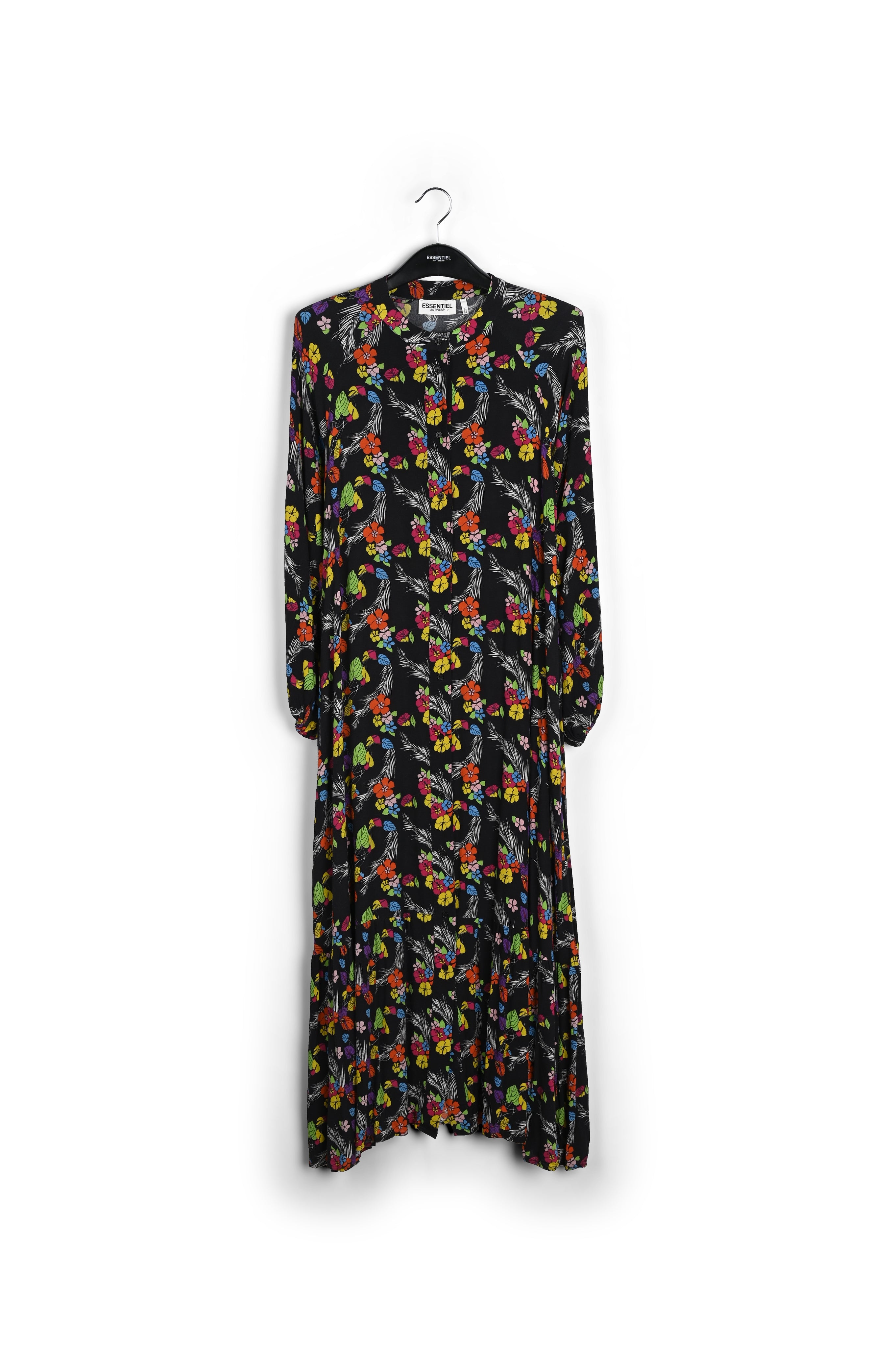 Zwarte maxi-jurk met tropische print RE—SSENTIEL | Essentiel second hand