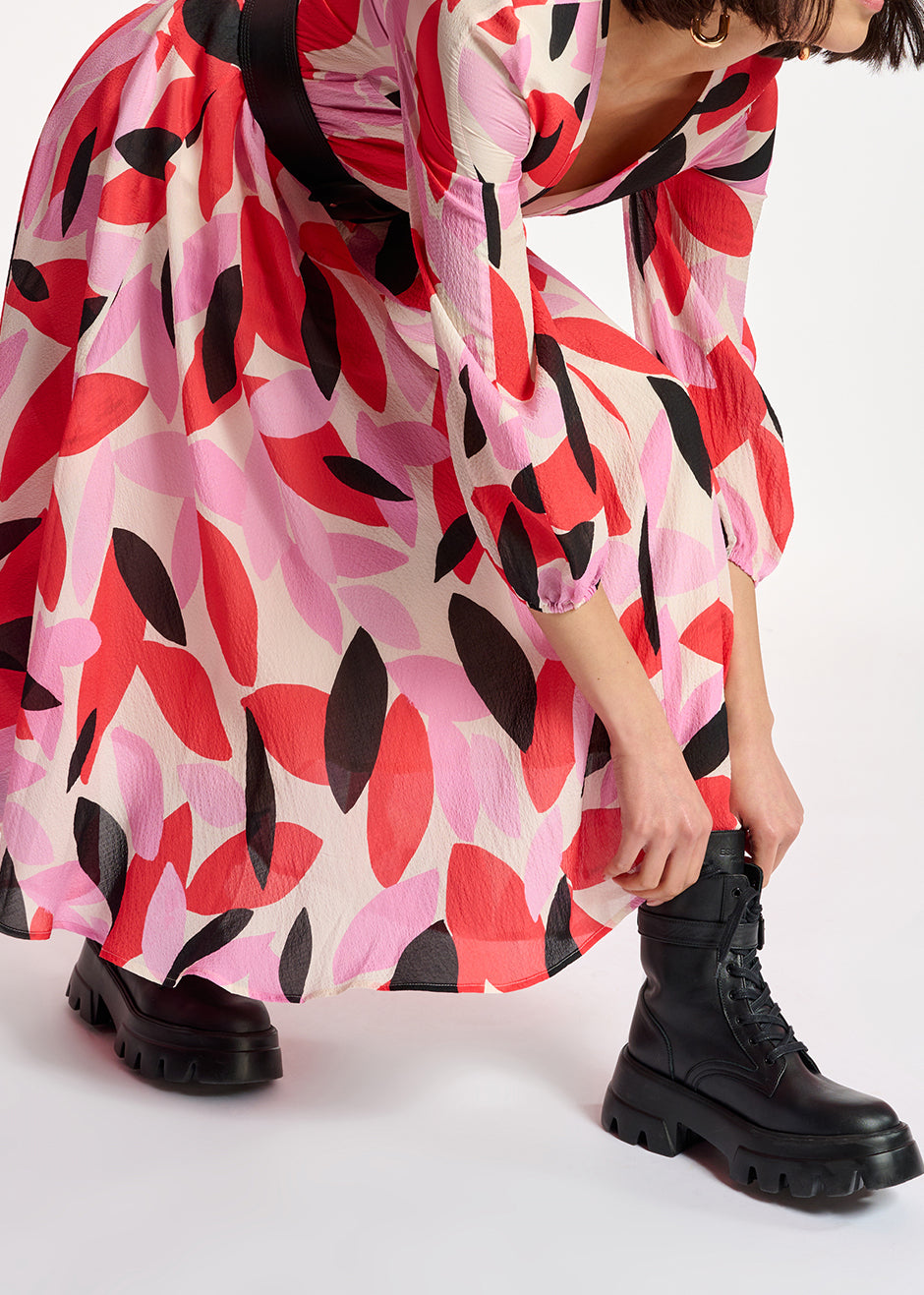 Off-white, red and pink abstract print midi-length dress RE—SSENTIEL | Essentiel second hand