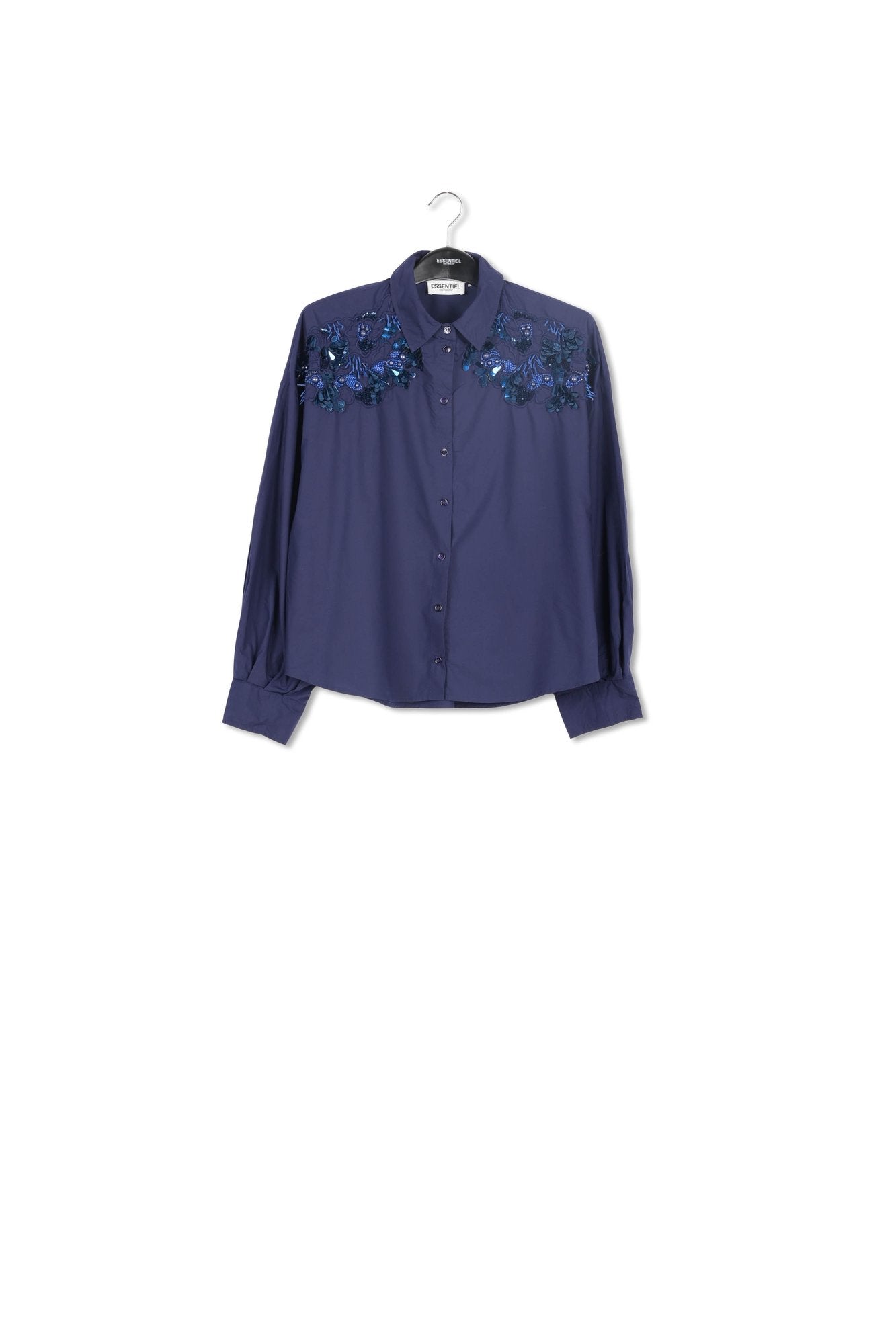 Navy blue cotton shirt with sequin and beaded embroideries RE—SSENTIEL | Essentiel second hand