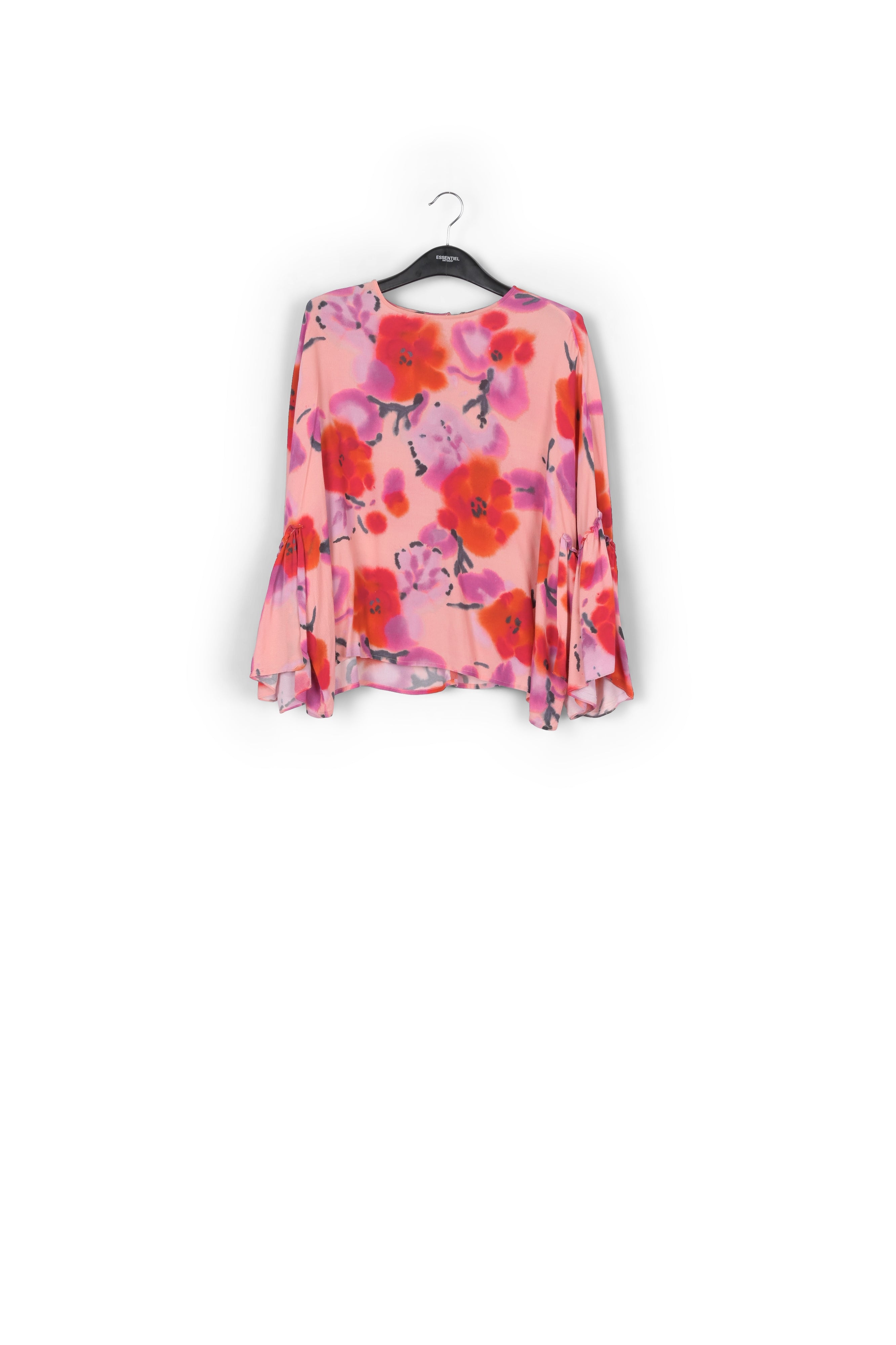 Light pink, red and purple floral printed top with ruffled sleeves RE—SSENTIEL | Essentiel second hand