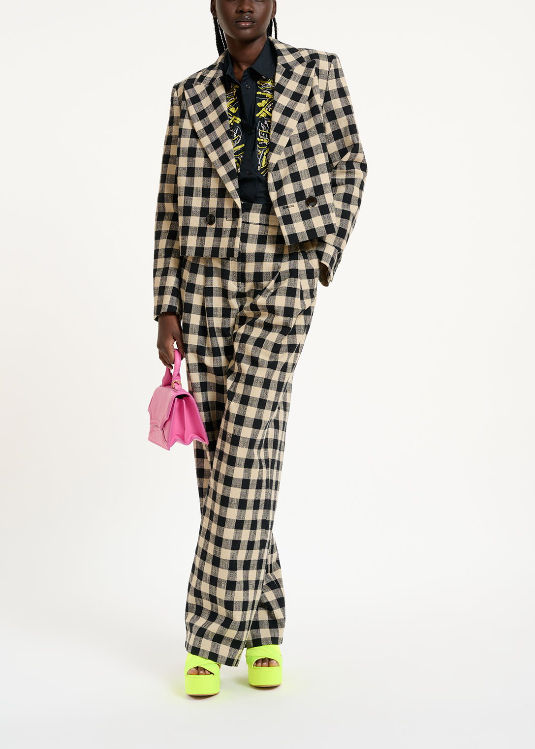 Black and beige checkered cropped blazer RE—SSENTIEL | Essentiel second hand