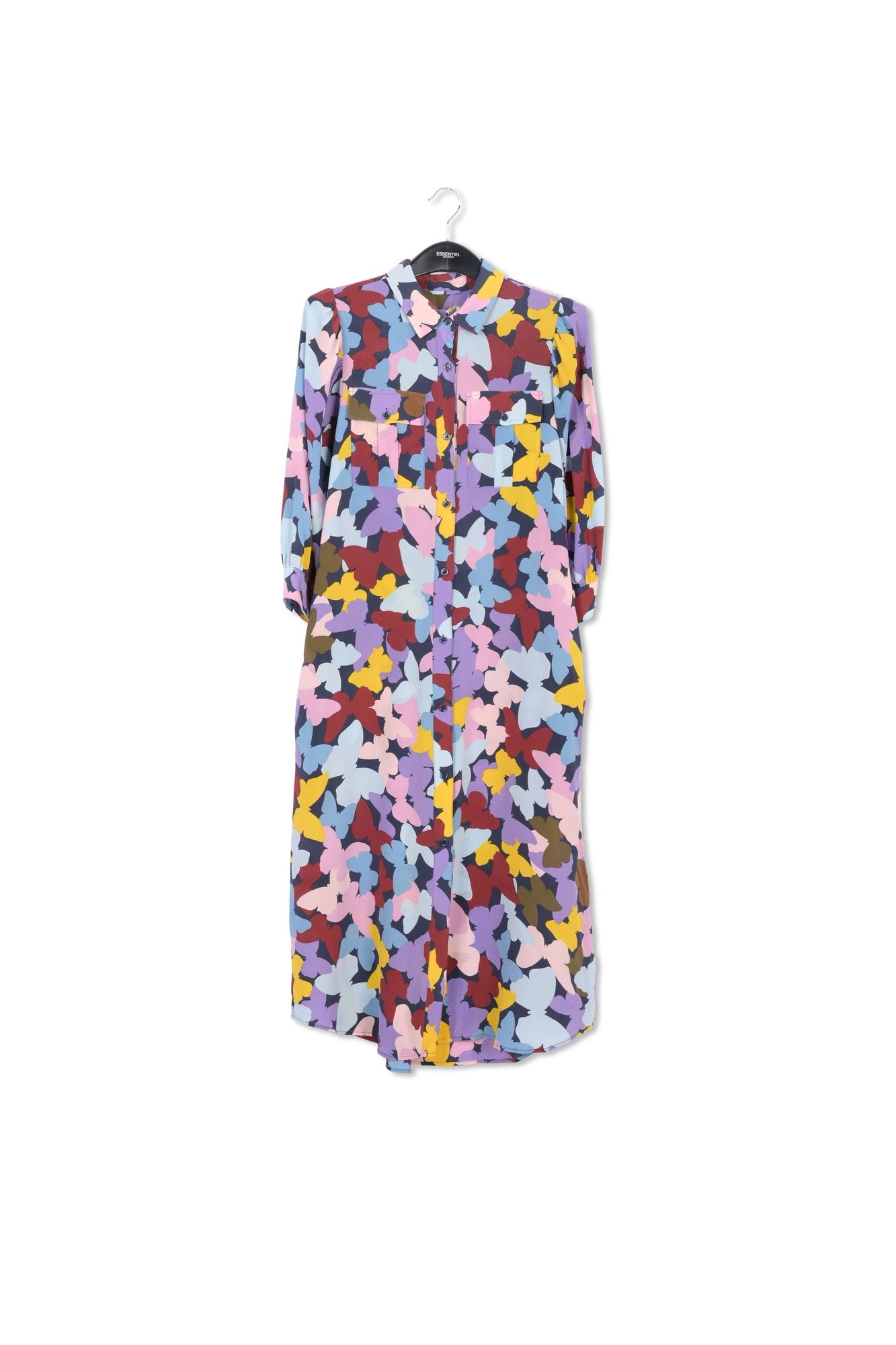 Robe midi en soie à papillons bordeaux, lilas et bleu RE—SSENTIEL | Essentiel second hand