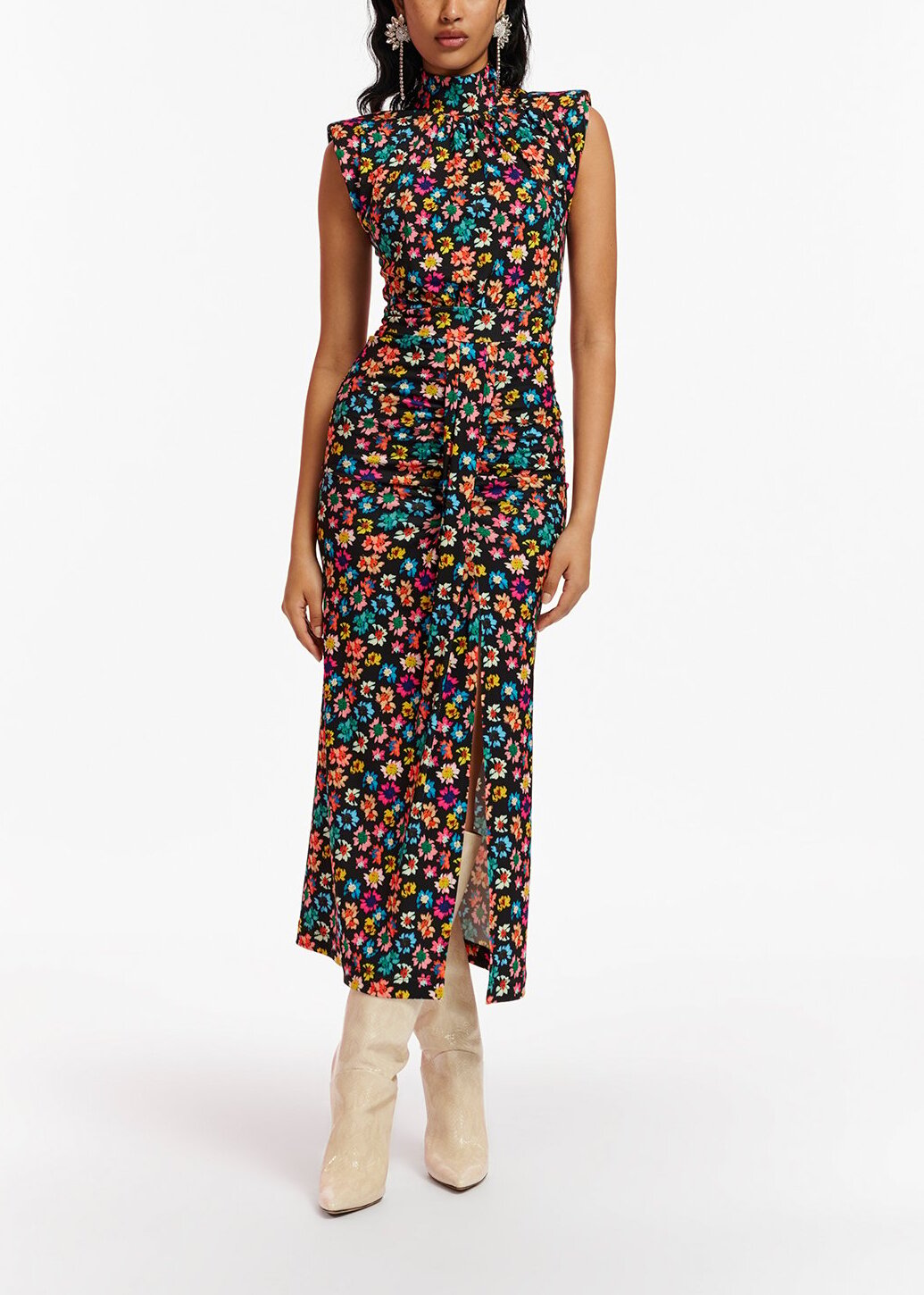 Black stretch-jersey midi dress with multicolor floral print RE—SSENTIEL | Essentiel second hand