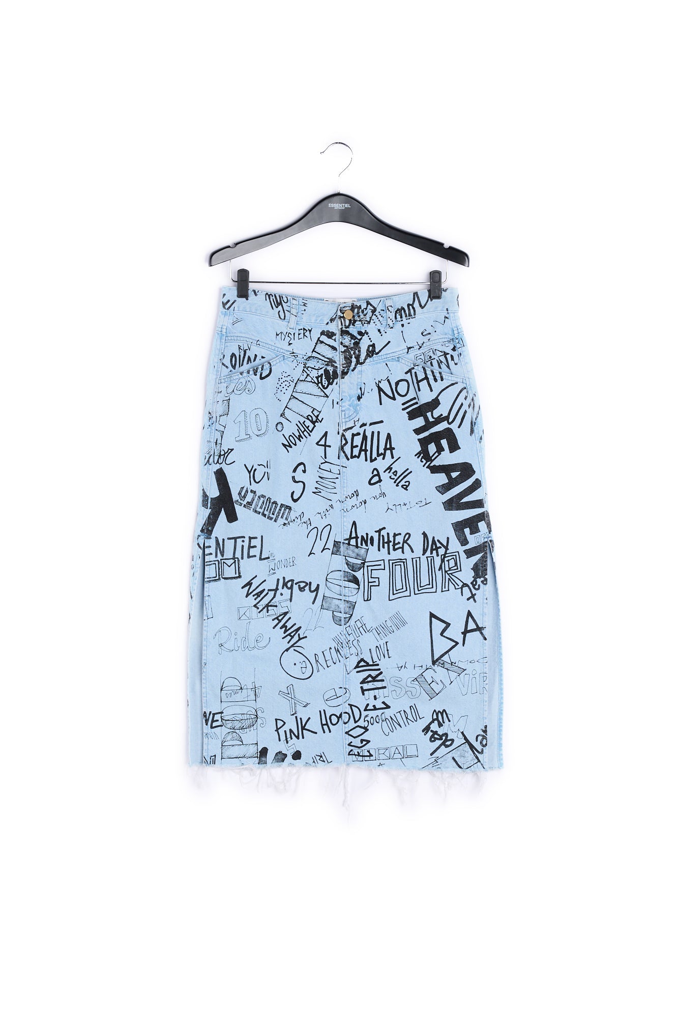 Light blue graffiti-print denim pencil skirt RE—SSENTIEL | Essentiel second hand