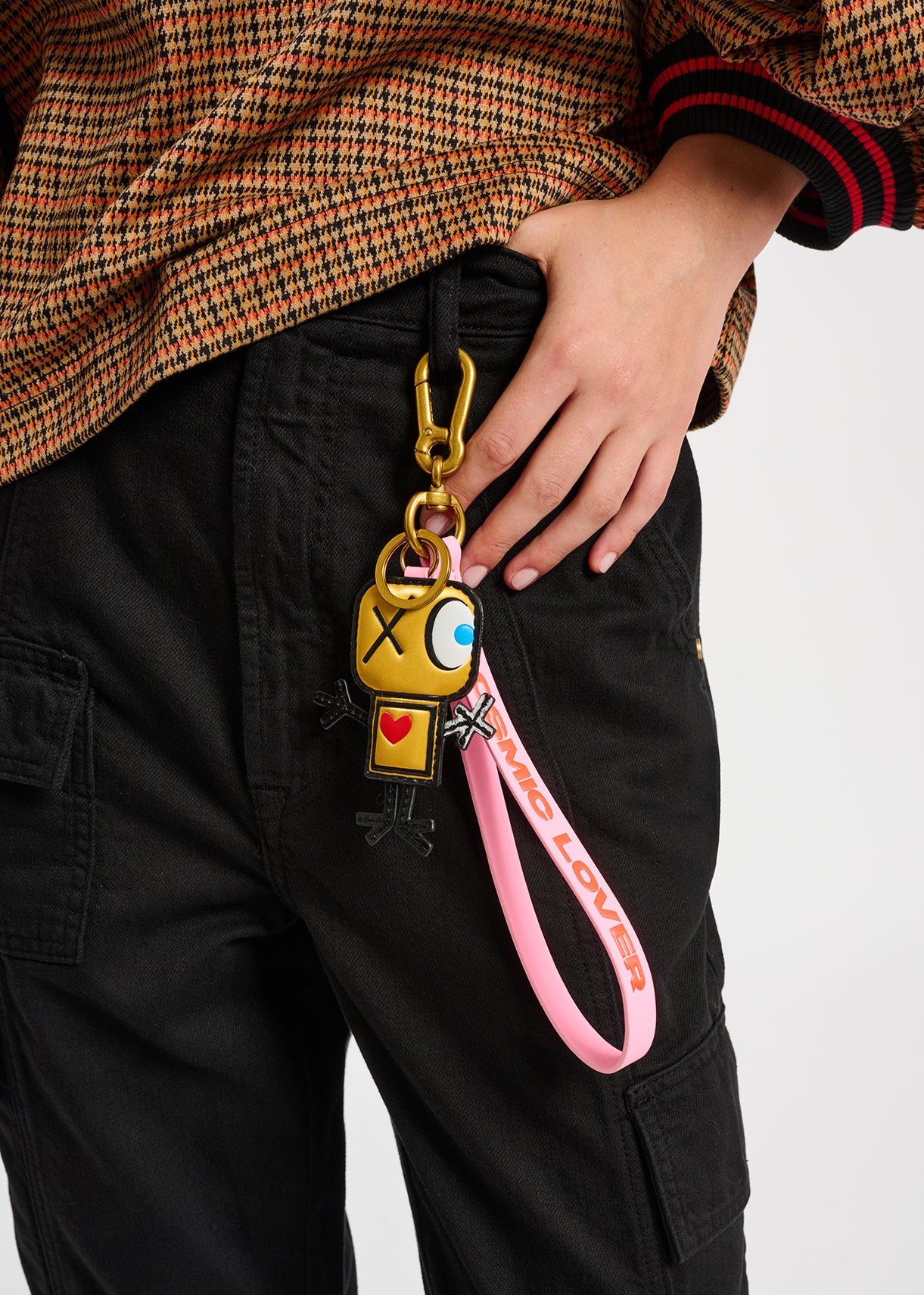 Off-white and orange houndstooth motif puffed-sleeves top RE—SSENTIEL | Essentiel second hand