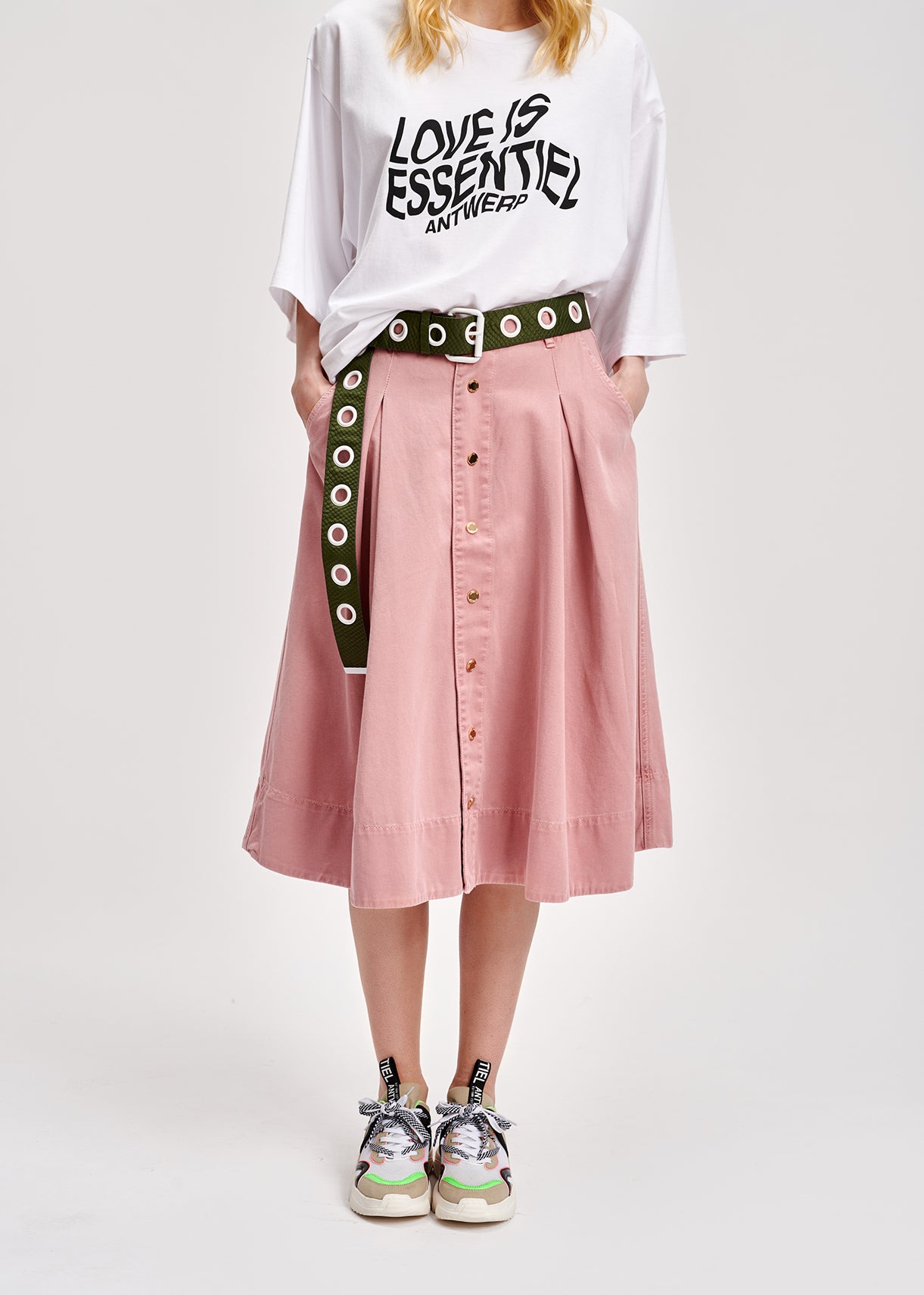 Dusty pink cotton pleated midi skirt RE—SSENTIEL | Essentiel second hand
