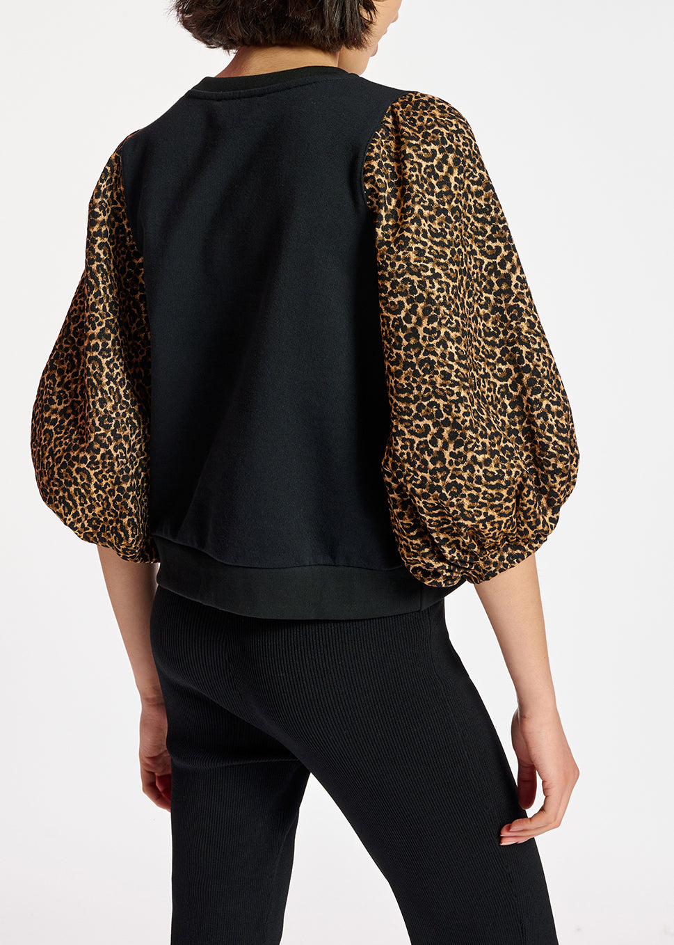 Black cotton-jersey sweatshirt with leopard-jacquard sleeves RE—SSENTIEL | Essentiel second hand