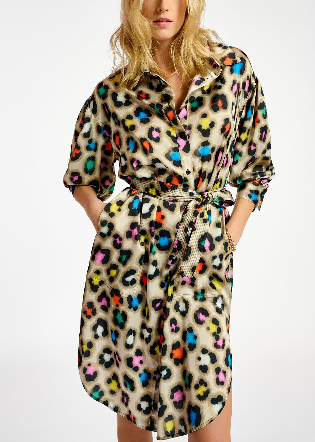 Beige knee-length shirt dress with multicolor leopard print RE—SSENTIEL | Essentiel second hand