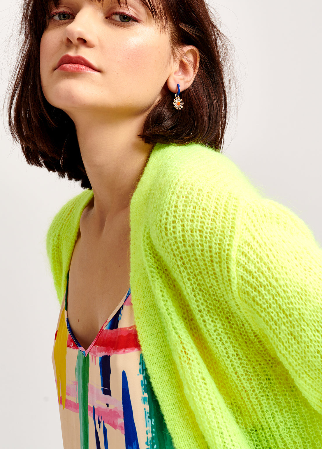 Neon yellow ribbed-knit cardigan with striped neon cuffs RE—SSENTIEL | Essentiel second hand