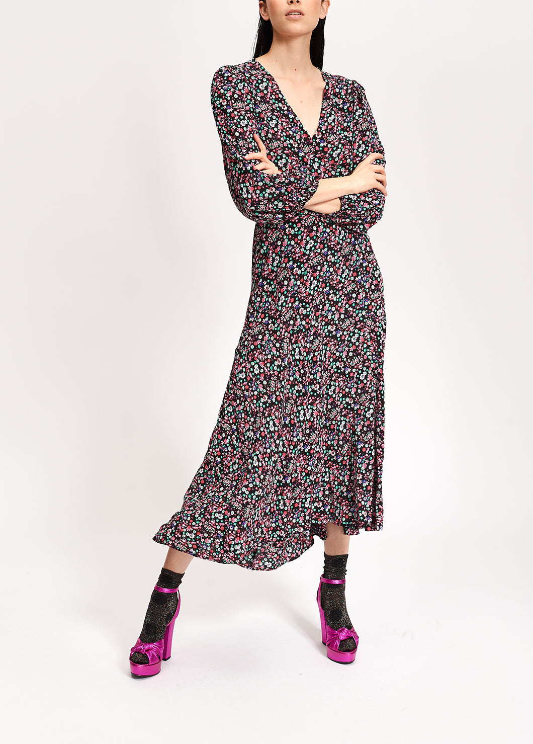 Black floral-print wrap maxi dress RE—SSENTIEL | Essentiel second hand